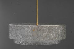 J.T. Kalmar Round Textured Glass Ring & Brass Chandelier, Pendant Lamp, 1950s