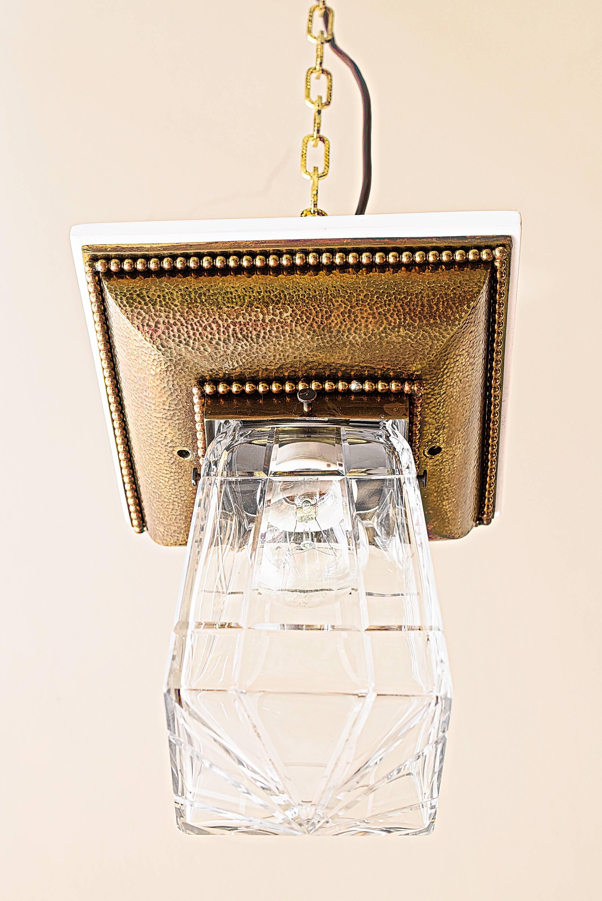 Jugendstil Square Ceiling Lamp Hammered Brass and Cut Glass