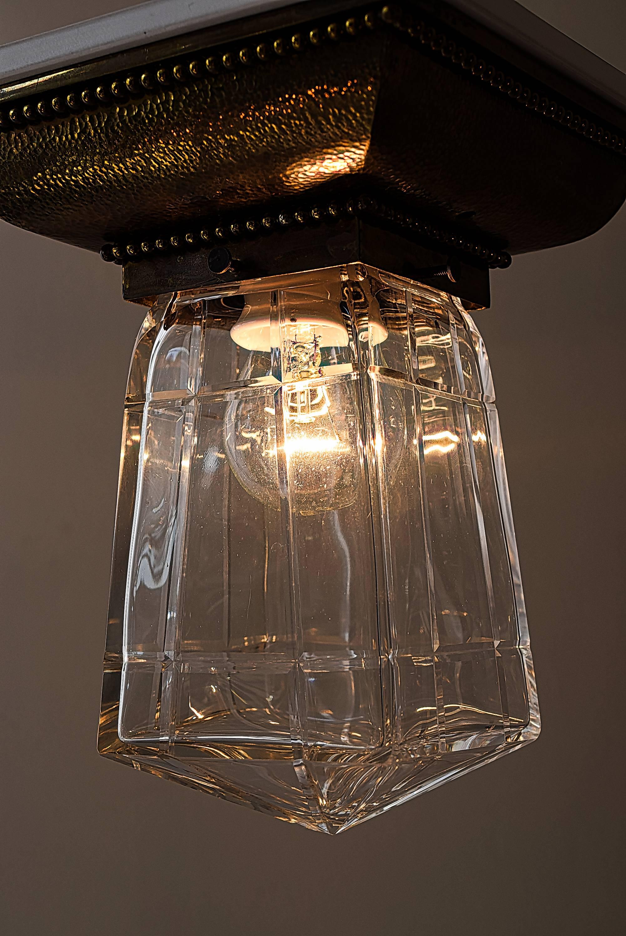 Square Ceiling Lamp Hammered Brass and Cut Glass In Excellent Condition In Wien, AT