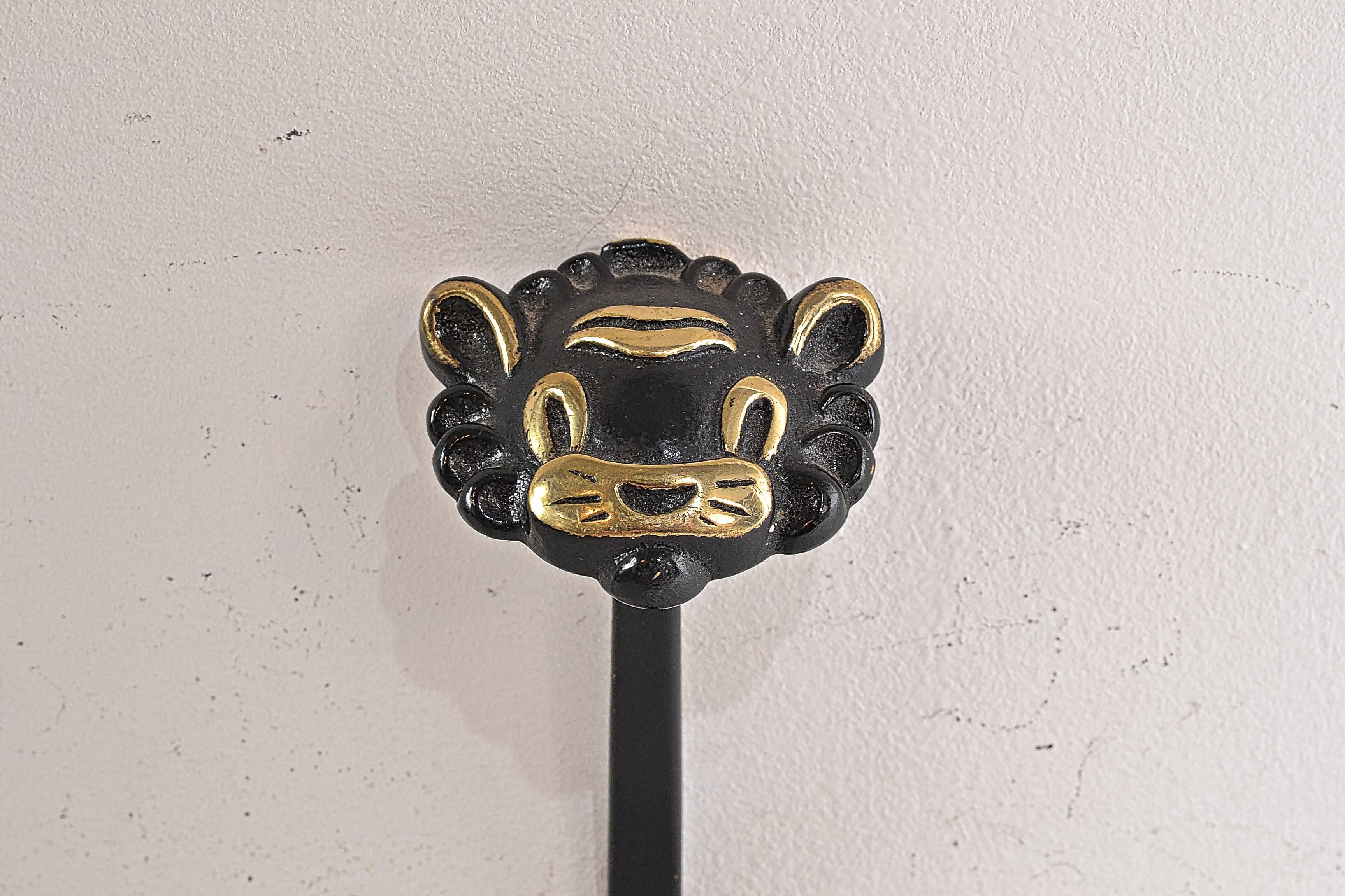 Mid-Century Modern Three Walter Bosse Brass Wall Hooks of a Lion Austria, 1950s For Sale