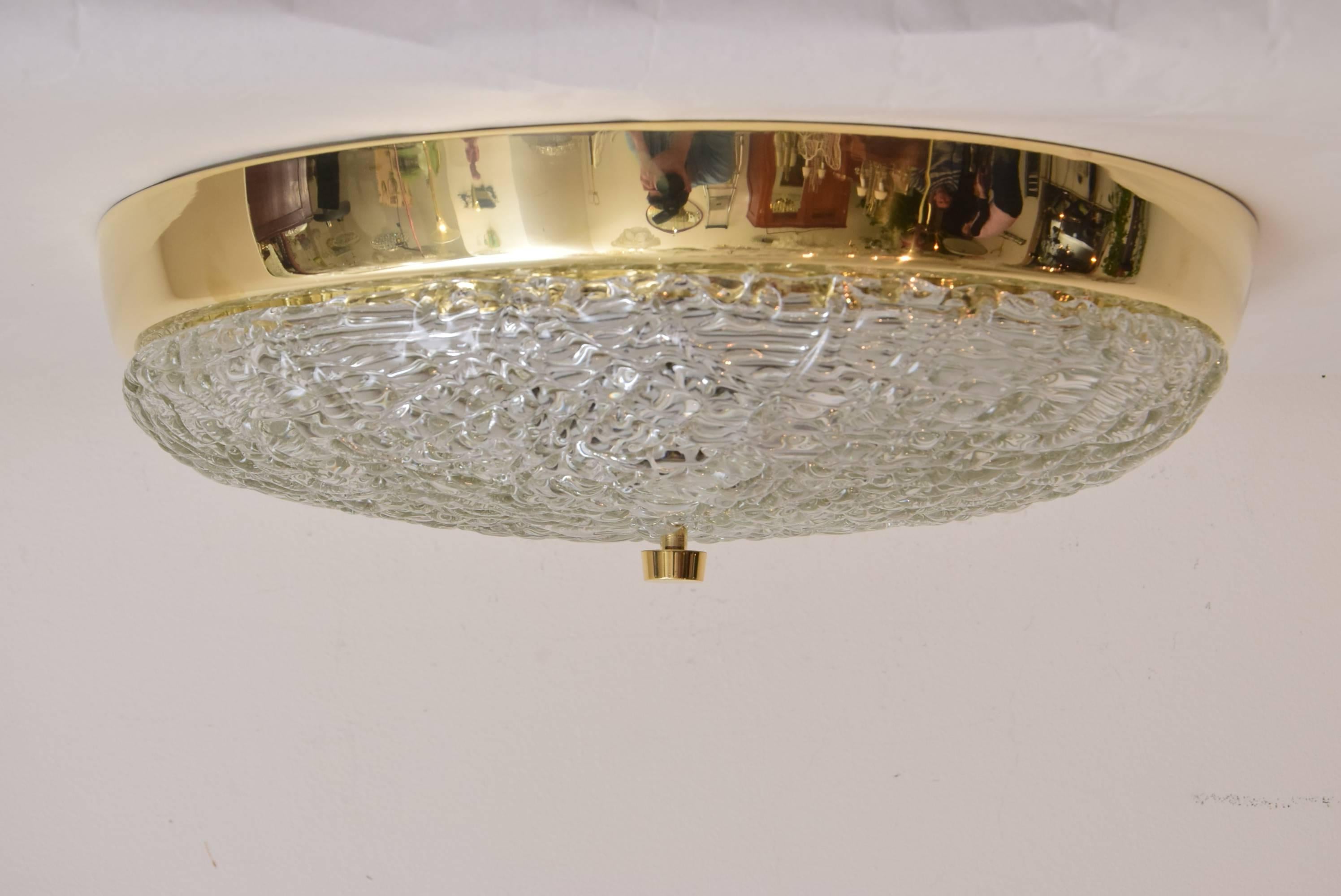 Kalmar Mid-Century brass and textured glass flush mount, Austria, 1950s,
polished.