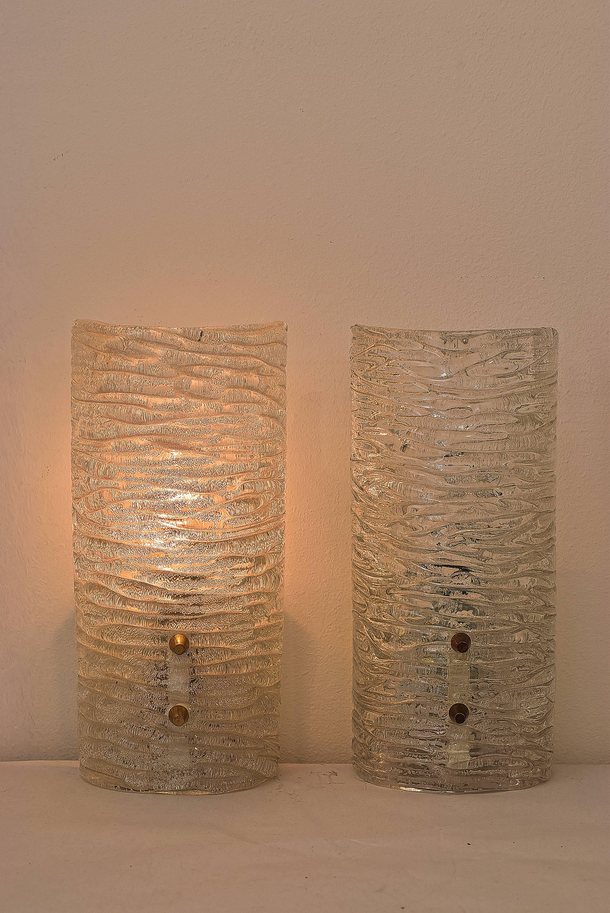 Mid-Century Modern Two Kalmar Frosted Sconces Glass and Brass, 1950s For Sale