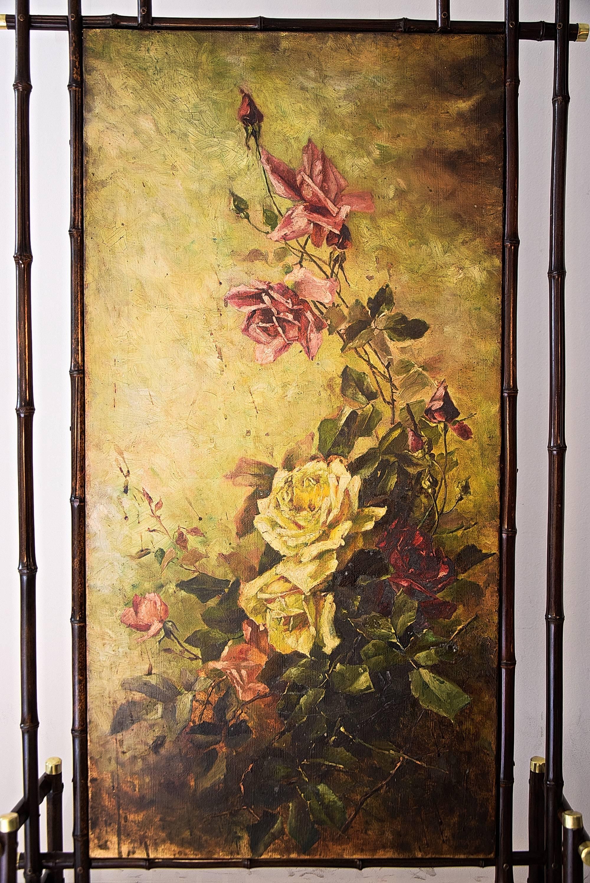Austrian Jugendstil Bamboo Paravent with Oil Painting