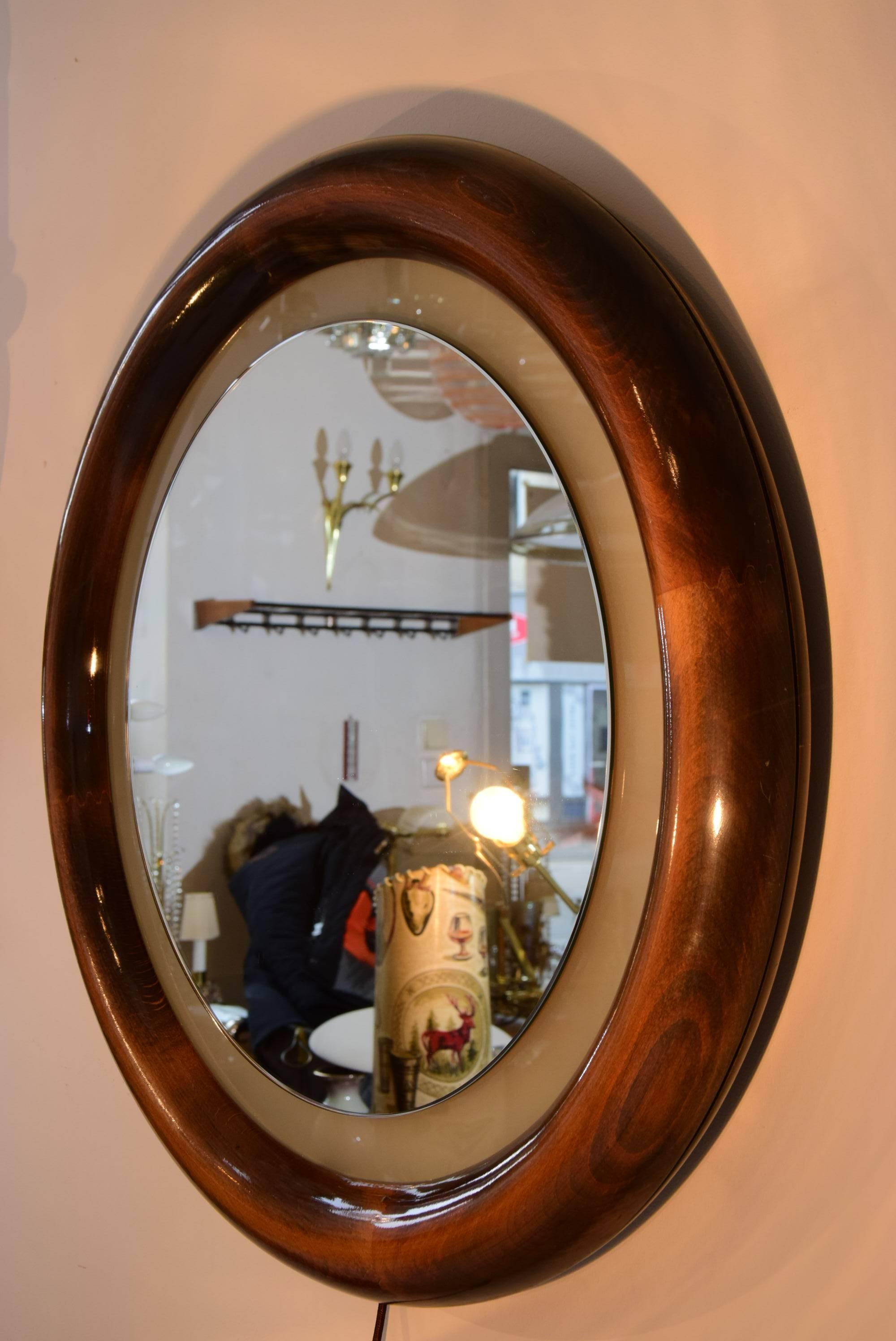 Late 20th Century Italian Round Backlight Mirror in Beechwood