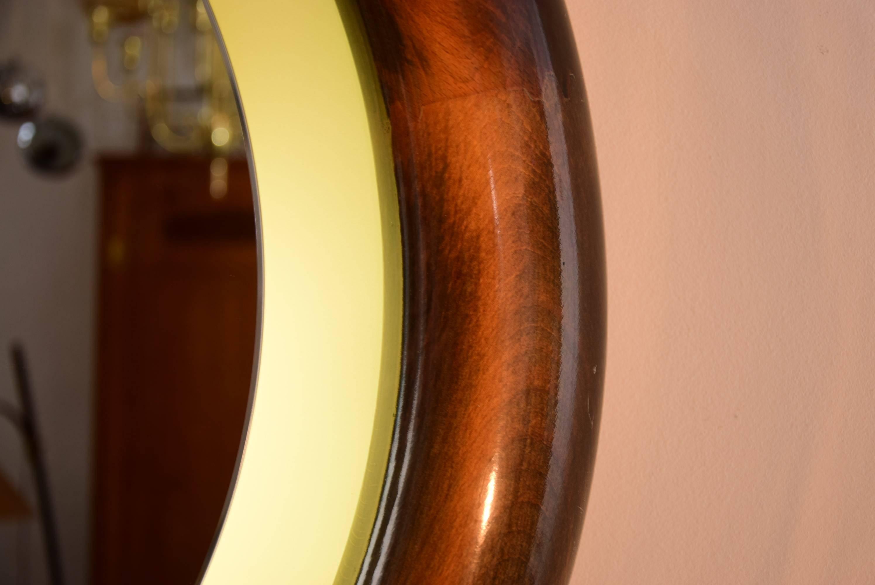 Mid-Century Modern Italian Round Backlight Mirror in Beechwood