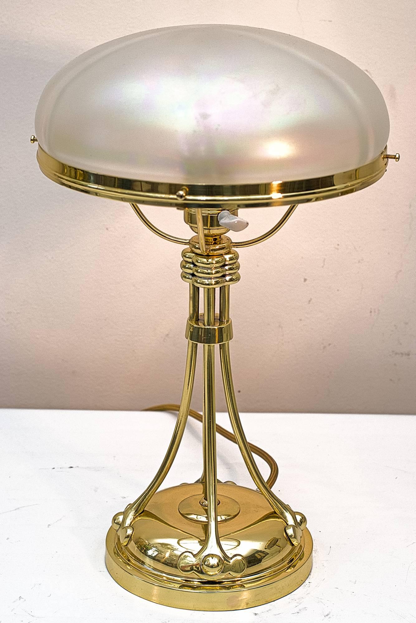 Charming Jugendstil table lamp with beautiful glass polished and stove enameled.