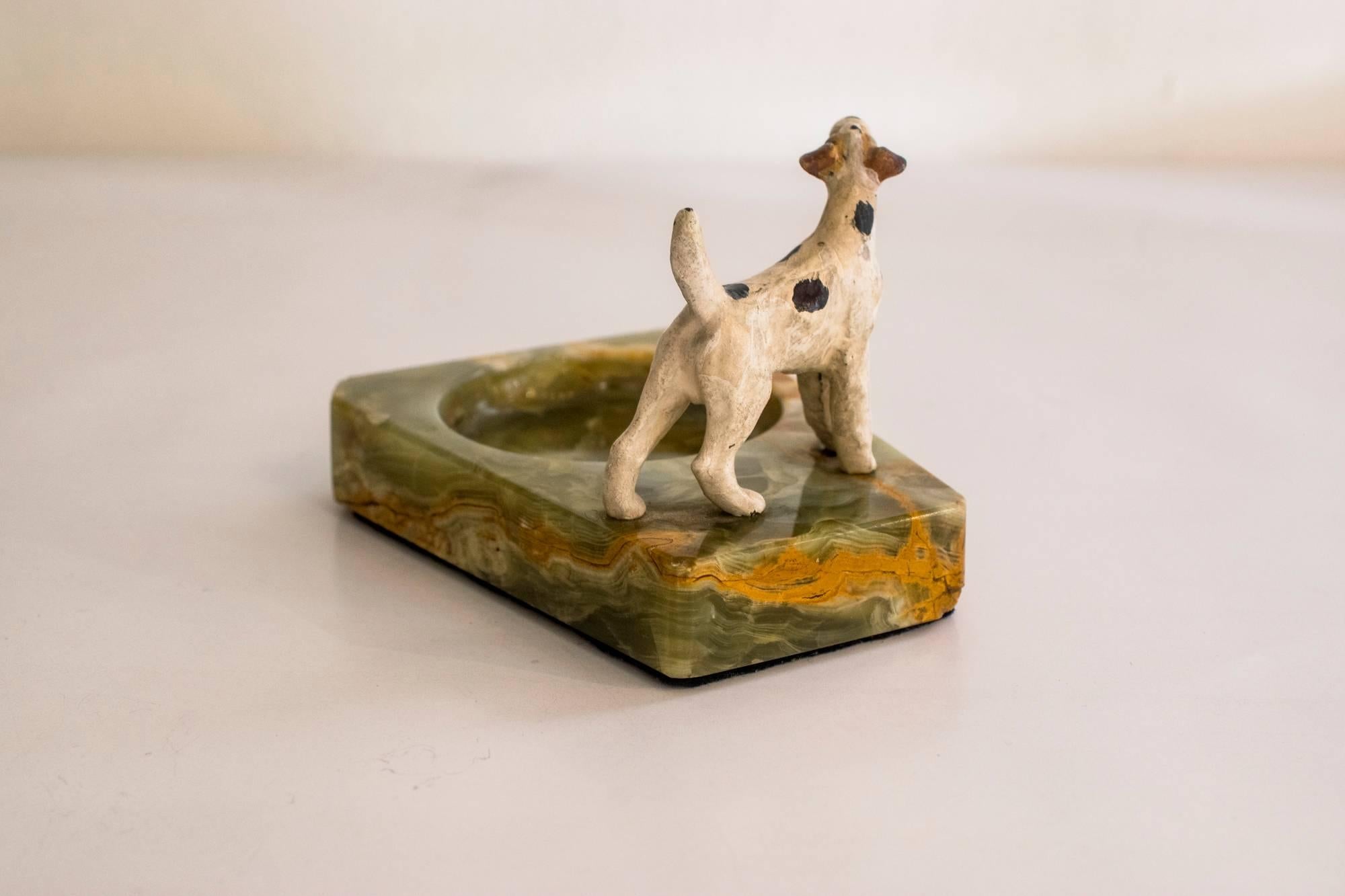 Austrian Vienna Bronze Dog Figurine with Marble Ashtray