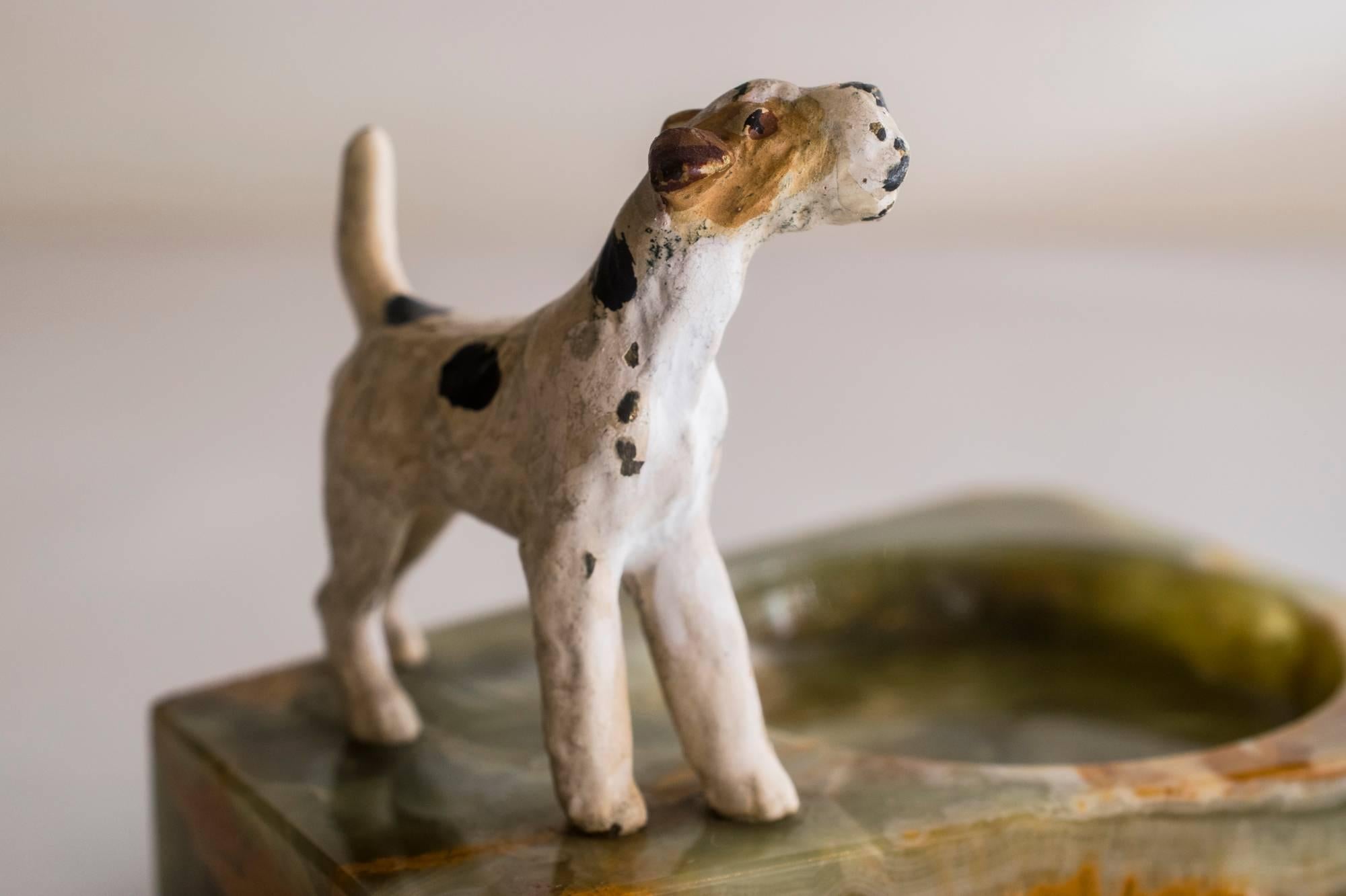 Painted Vienna Bronze Dog Figurine with Marble Ashtray