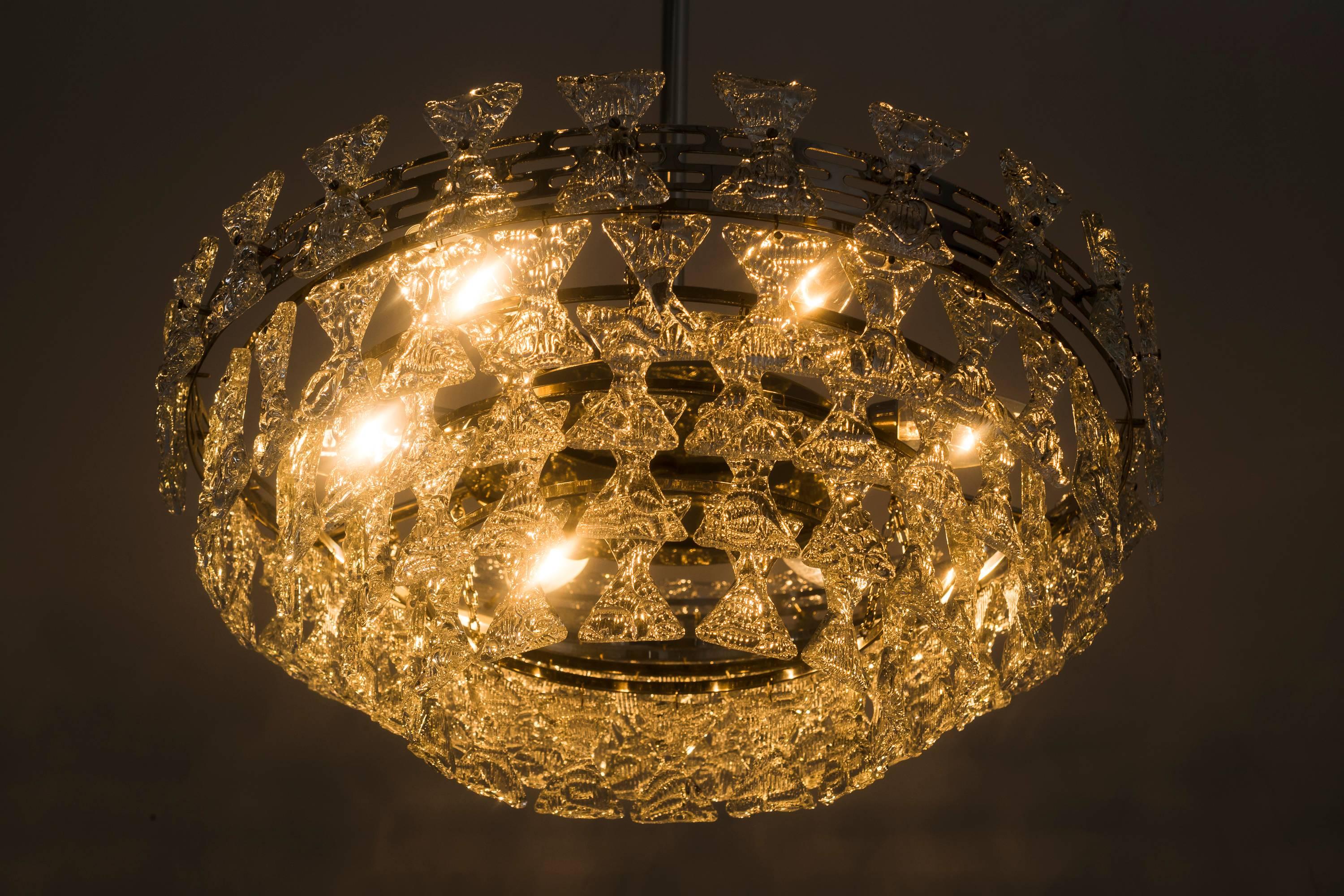 Plated Rare Kalmar Chandelier with Textured Glass, circa 1960s For Sale