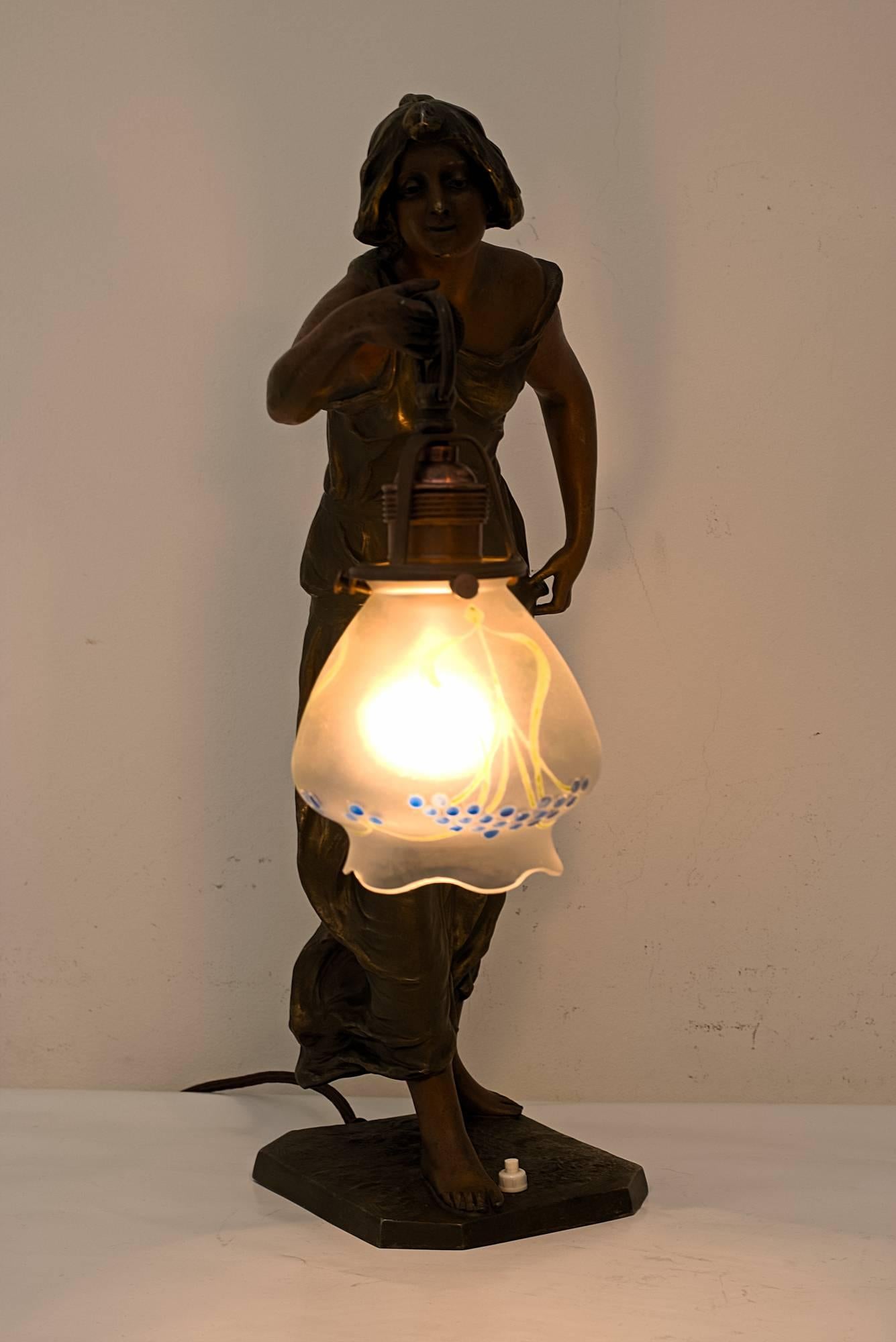 Beautiful Jugendstil Figurine Table Lamp with Glasshade 2