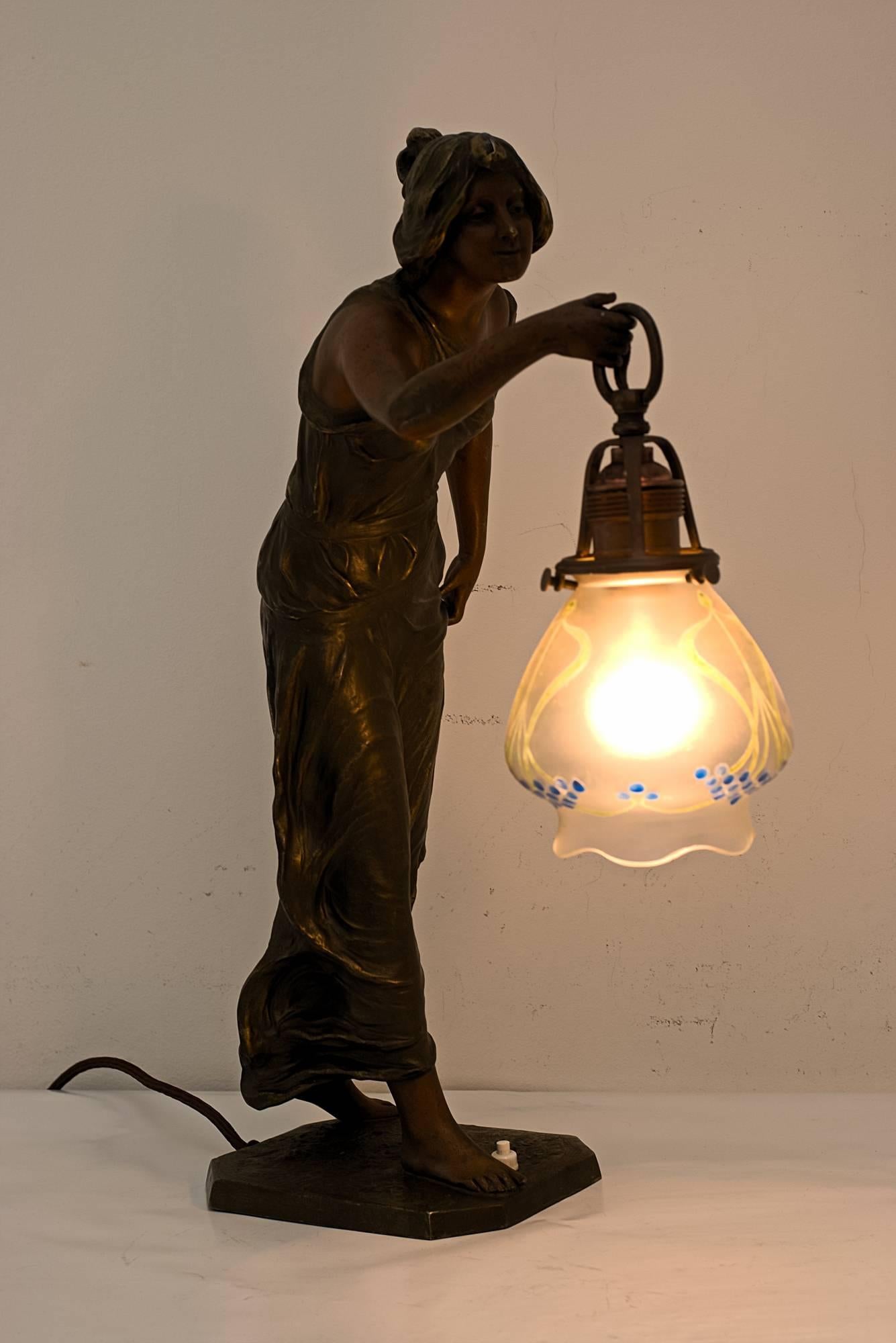 Beautiful Jugendstil Figurine Table Lamp with Glasshade 3