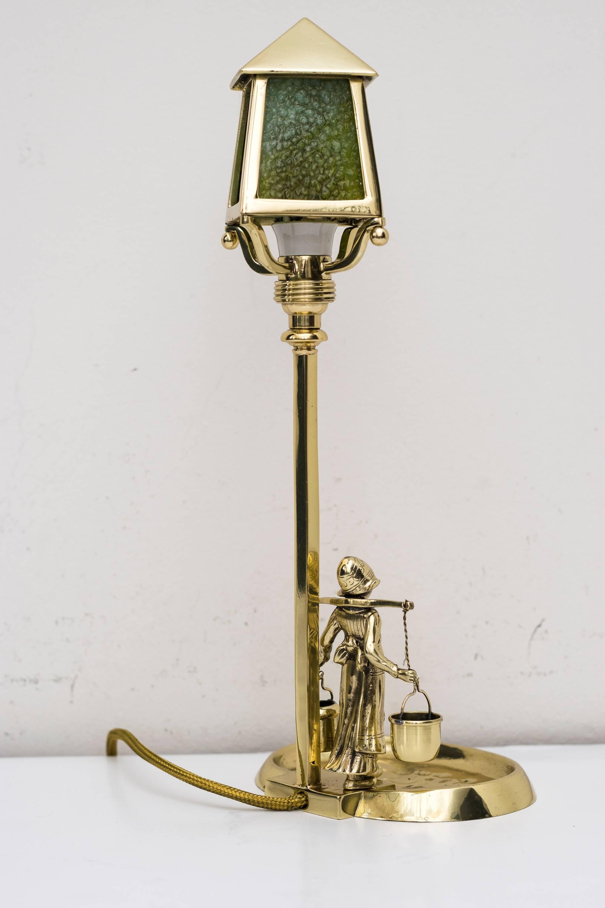 Austrian Jugendstil Table Lamp with Green Opaline Glass