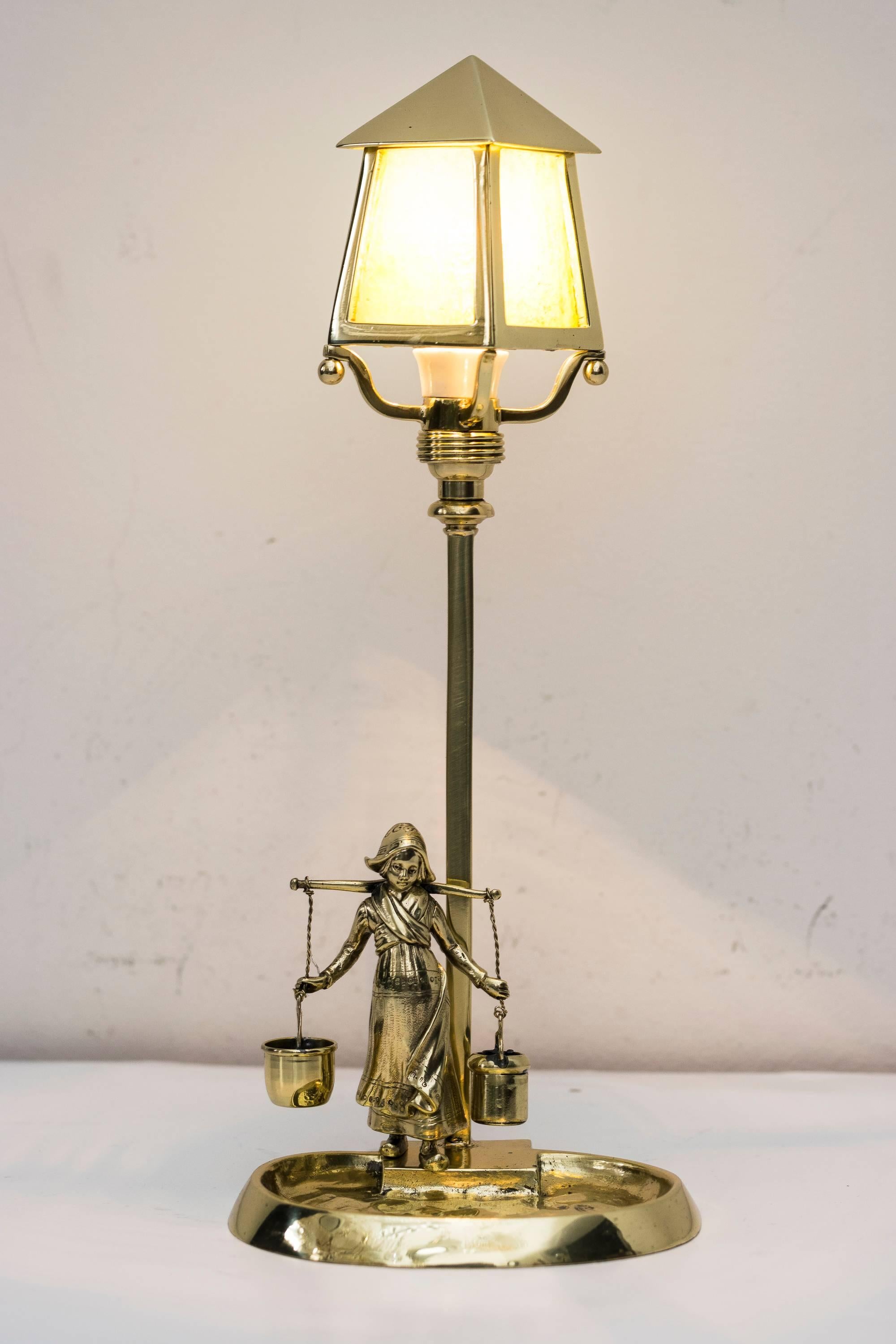 Lacquered Jugendstil Table Lamp with Green Opaline Glass