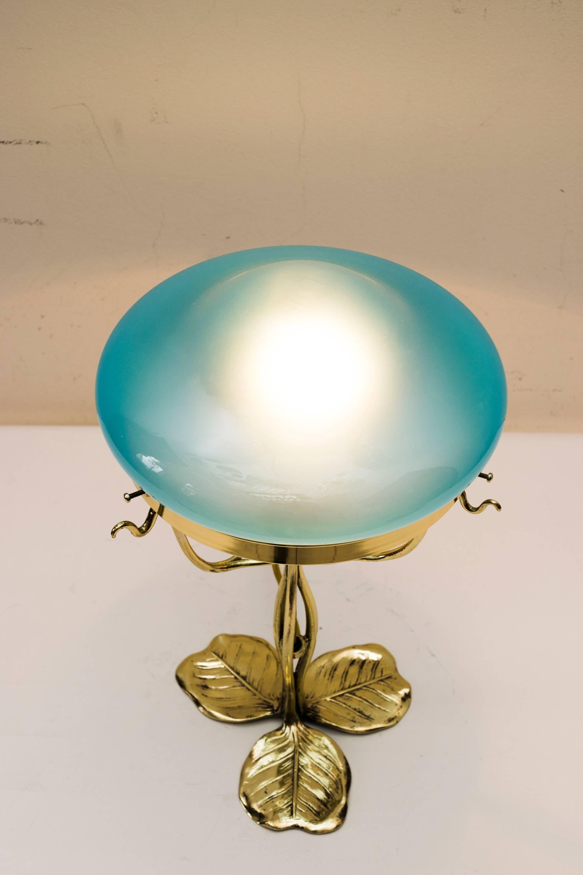 Lacquered Jugendstil Floral Table Lamp with Opaline Glass Shade