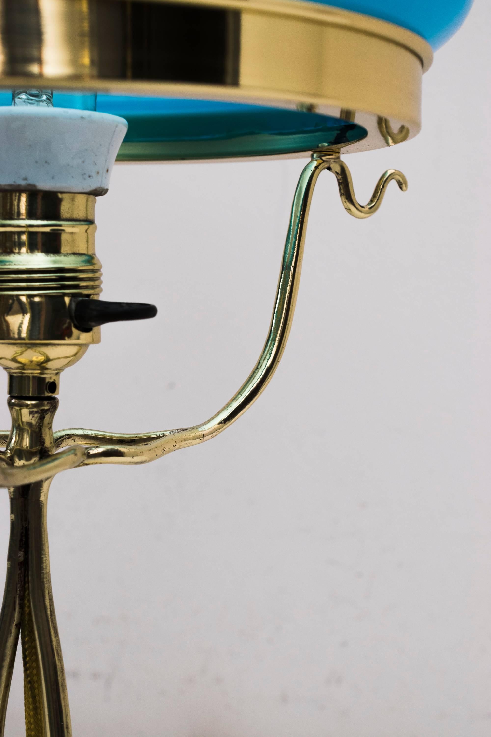 Brass Jugendstil Floral Table Lamp with Opaline Glass Shade