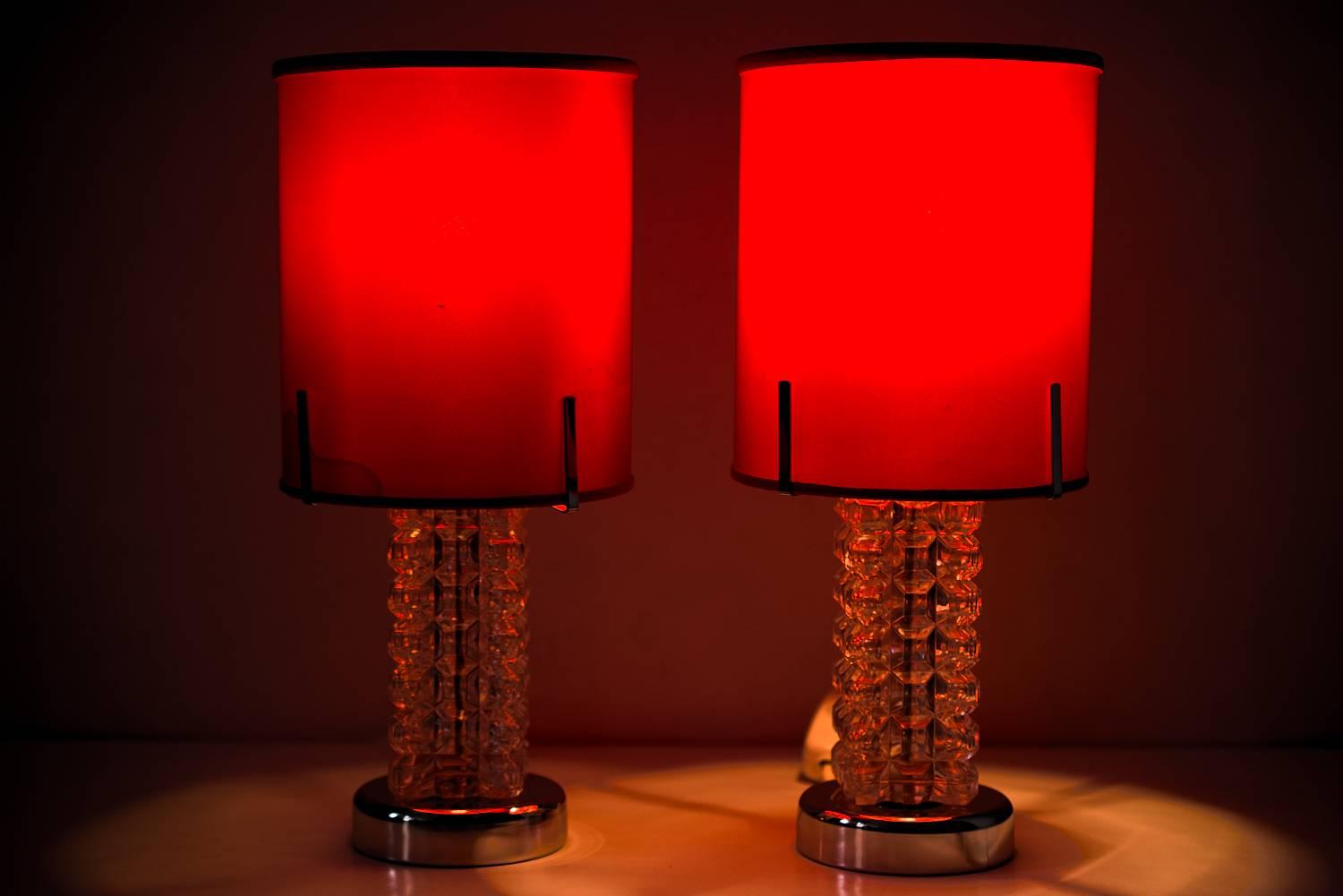 Mid-Century Modern Two Austrolux Table Lamps with Original Red Fabric Shade For Sale