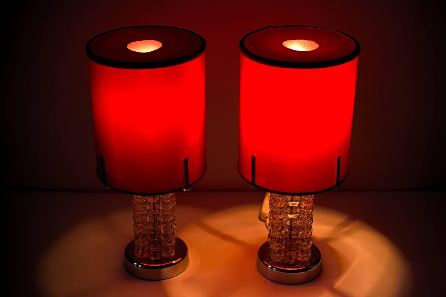 Mid-20th Century Two Austrolux Table Lamps with Original Red Fabric Shade For Sale