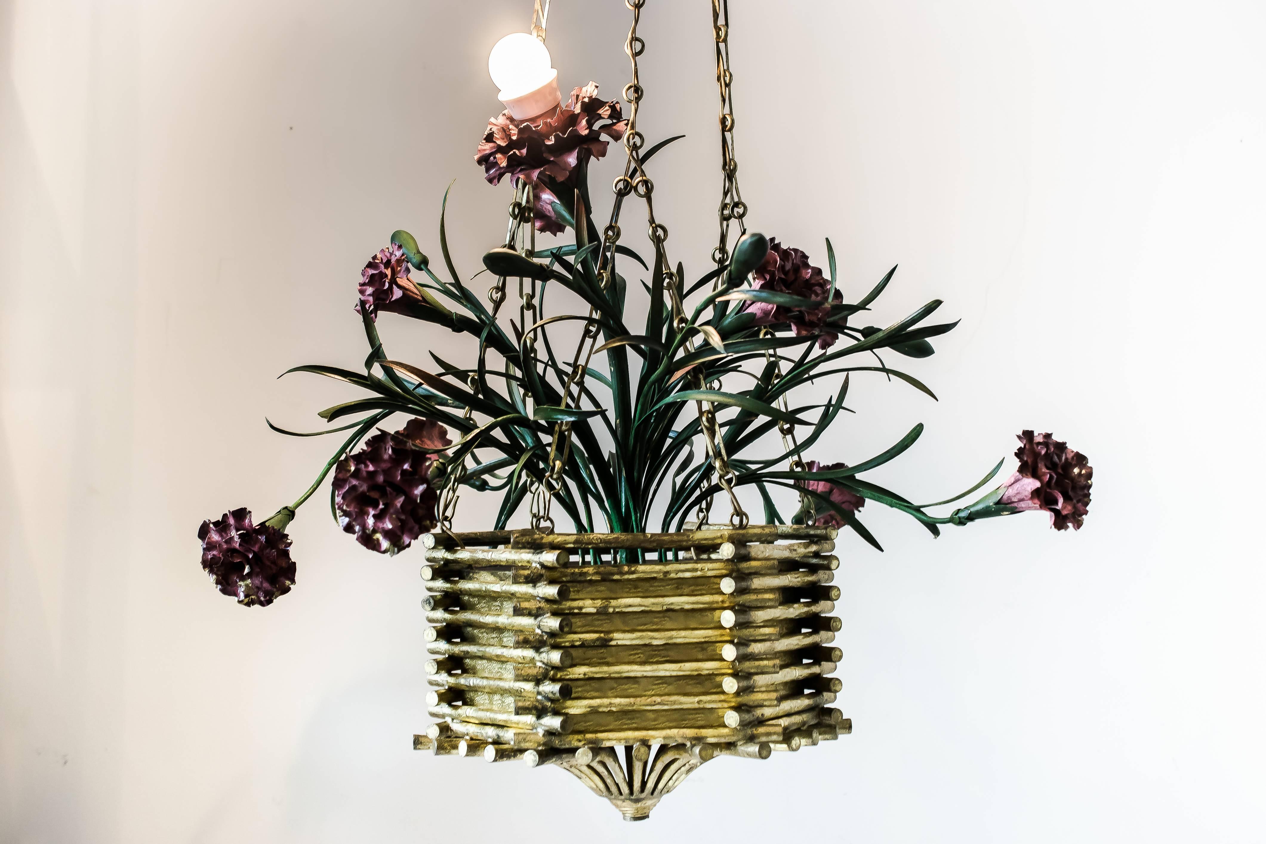 Early 20th Century Beautiful Chandelier with Carnations Basket