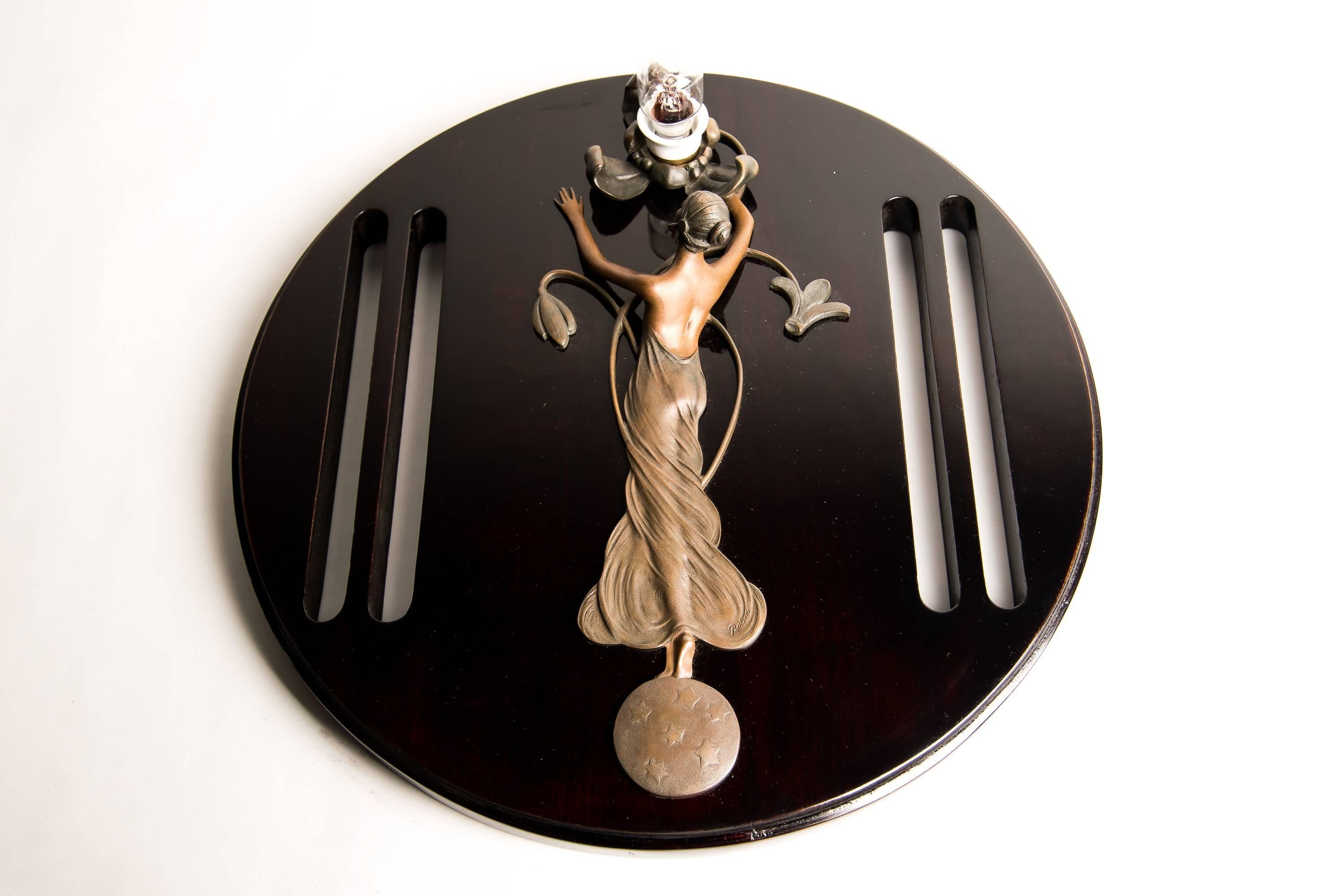 Polished Auguste Rubin Figural Bronze Wall Lamp on Wood
