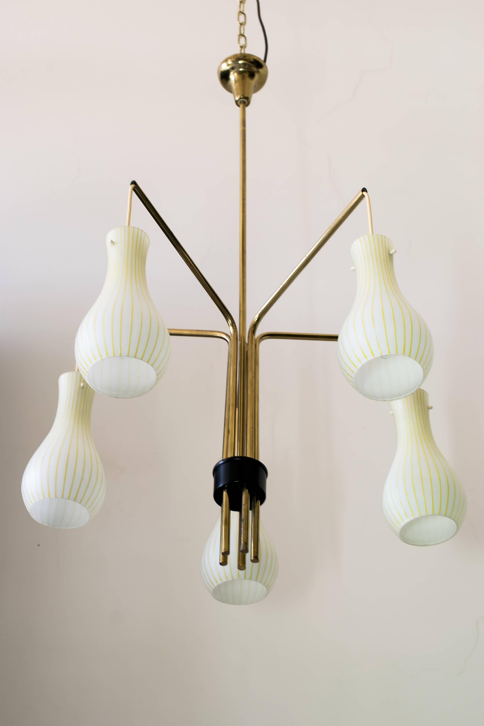 Mid-Century Modern Chandelier Five-Arm with Original Glass Italian, circa 1960s For Sale