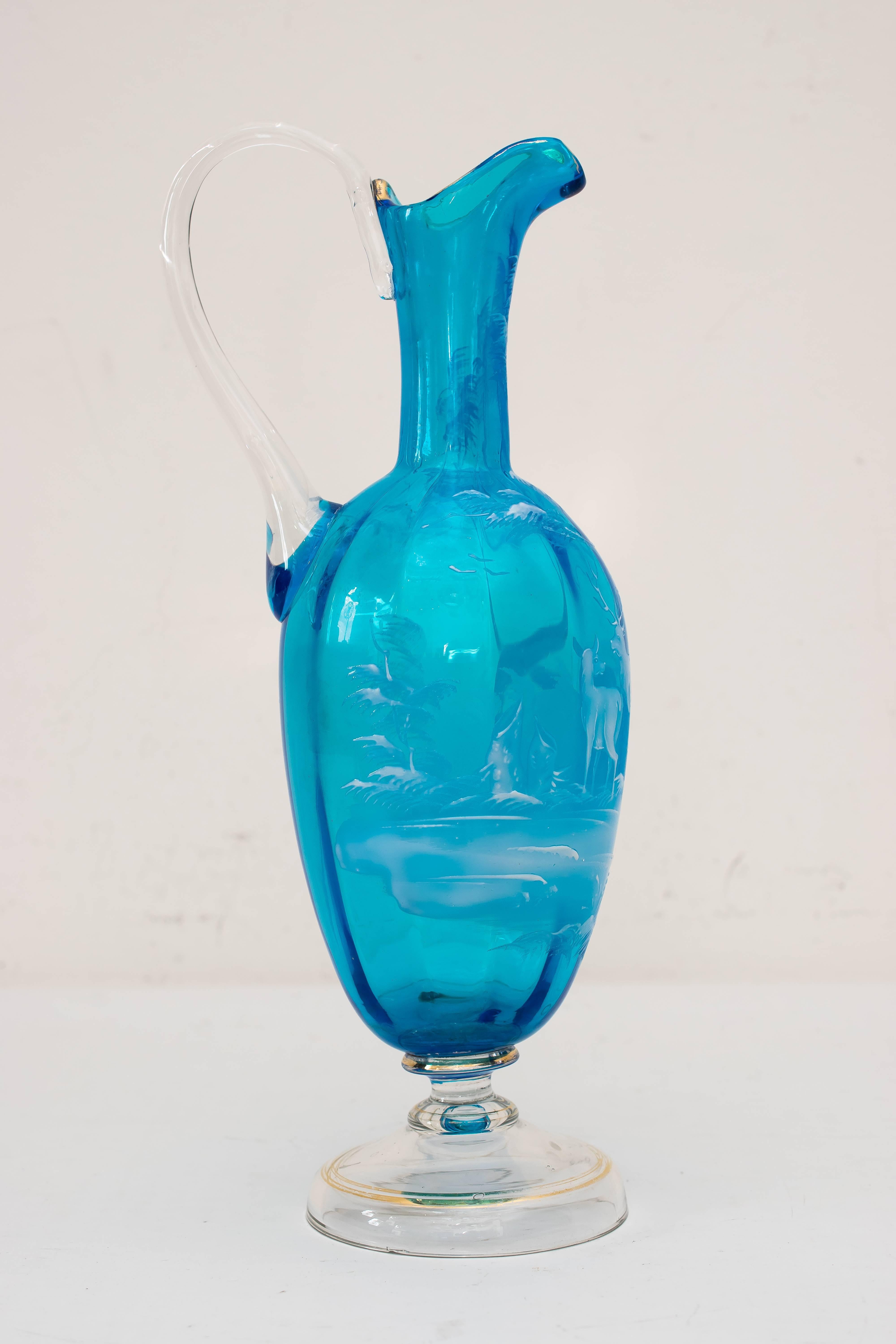 Art Deco Beautiful Blue Carafe with Hunting Motif For Sale