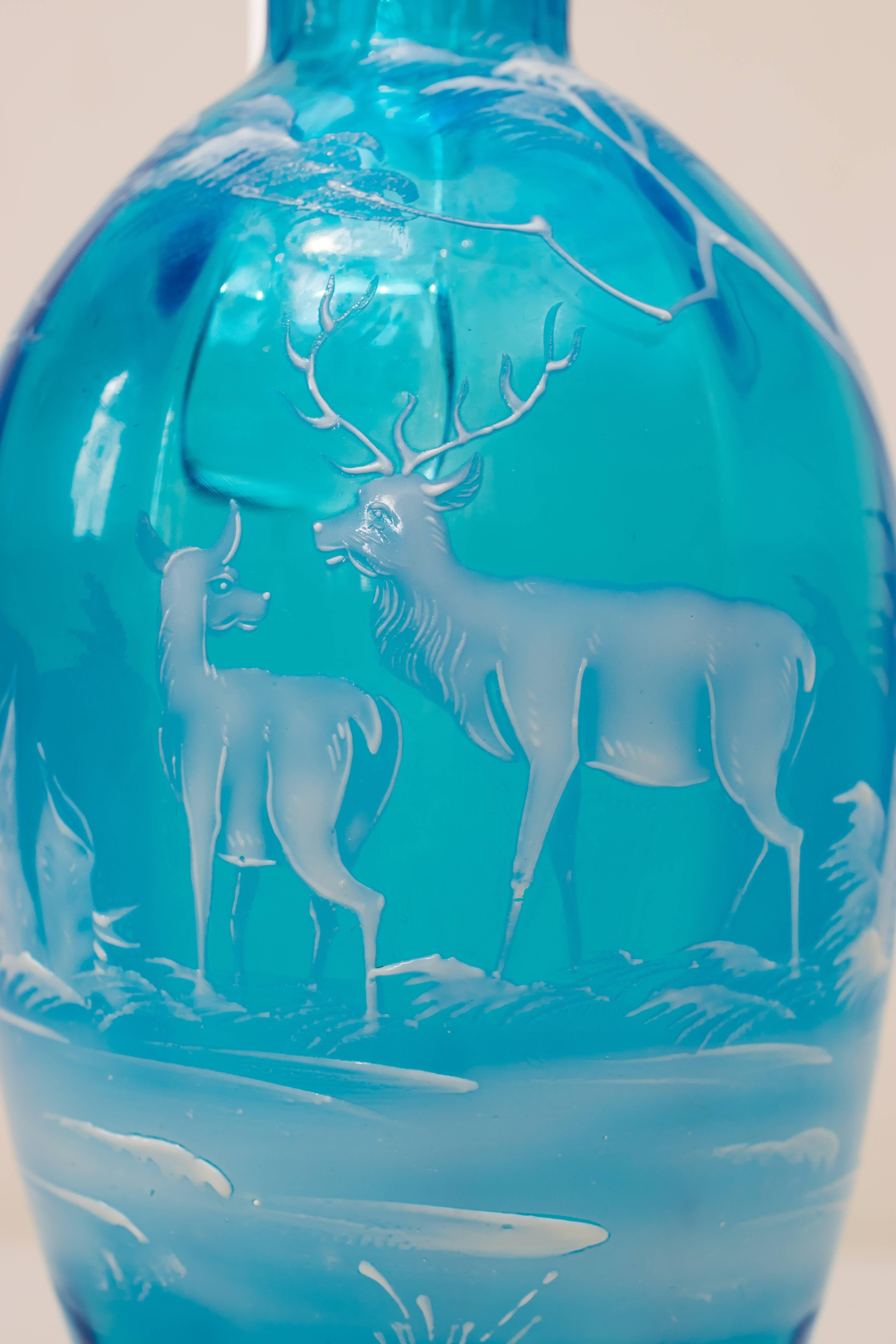 Austrian Beautiful Blue Carafe with Hunting Motif For Sale