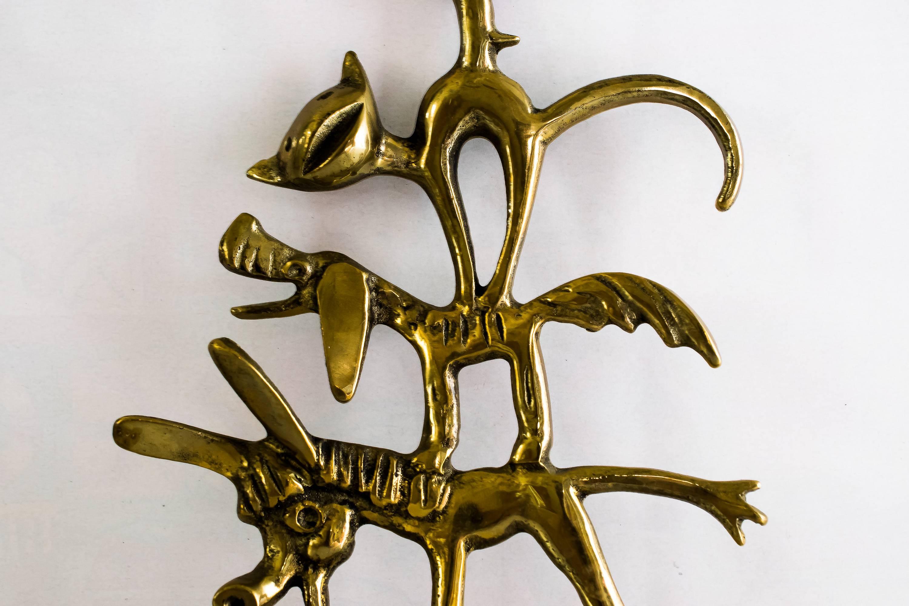 Mid-Century Modern Walter Bosse Brass Key Hanger Donkey, Dog, Cat and Cock, Hertha Baller, Austria For Sale