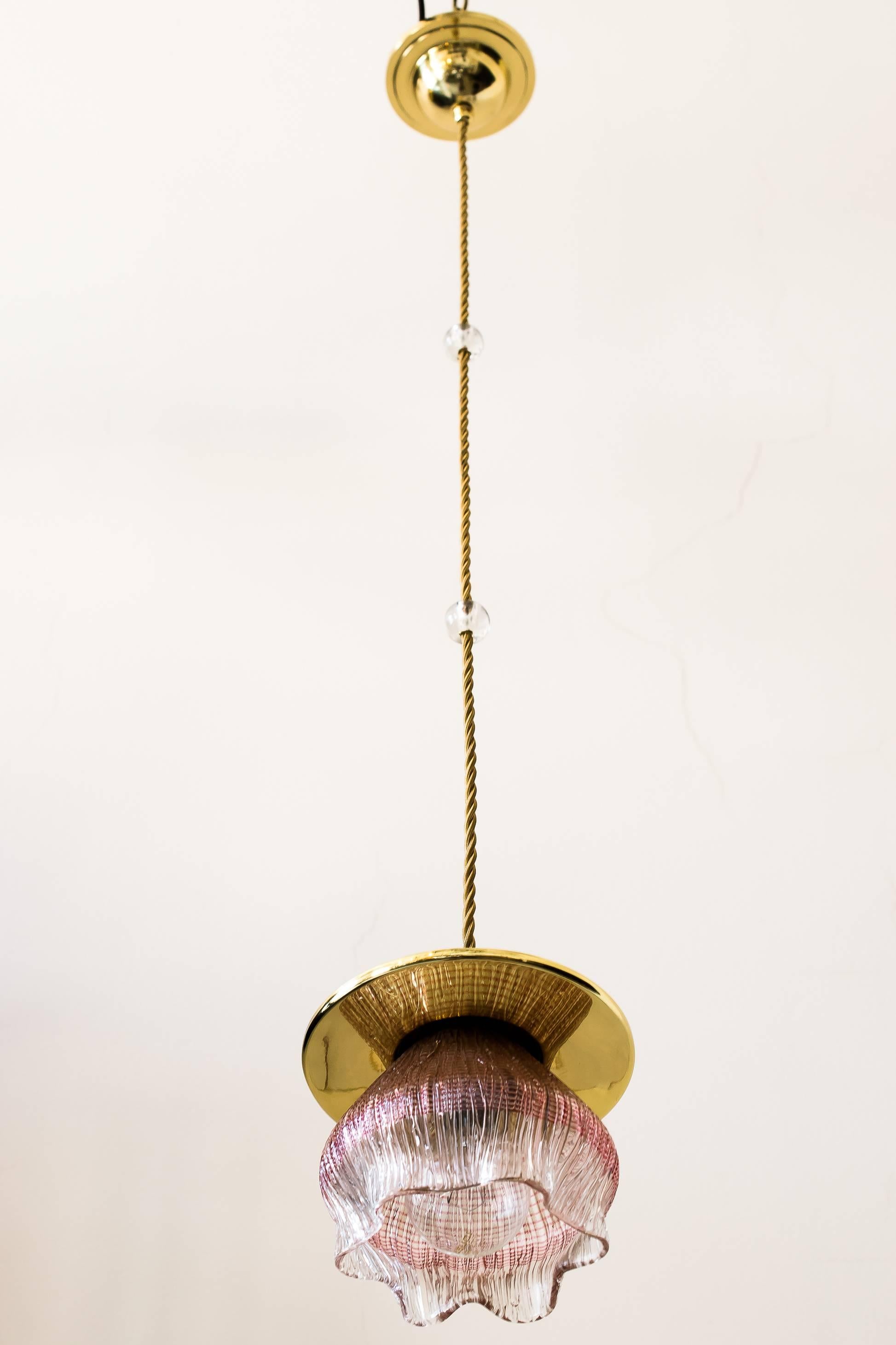 Jugendstil Leopold Bauer Viennese Hanging Lamp with Loetz Witwe “Blitzglas” Shade For Sale
