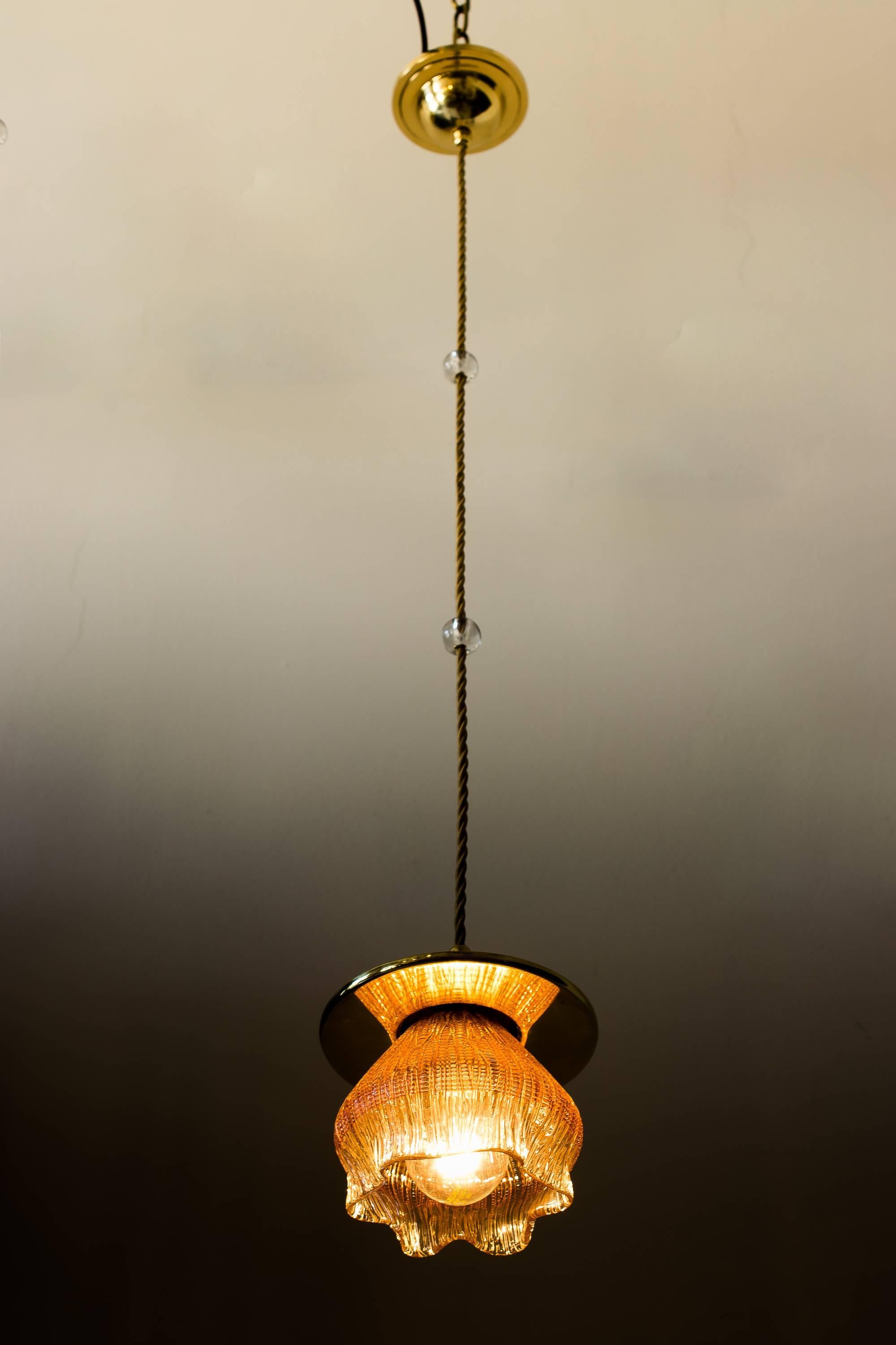 Austrian Leopold Bauer Viennese Hanging Lamp with Loetz Witwe “Blitzglas” Shade For Sale