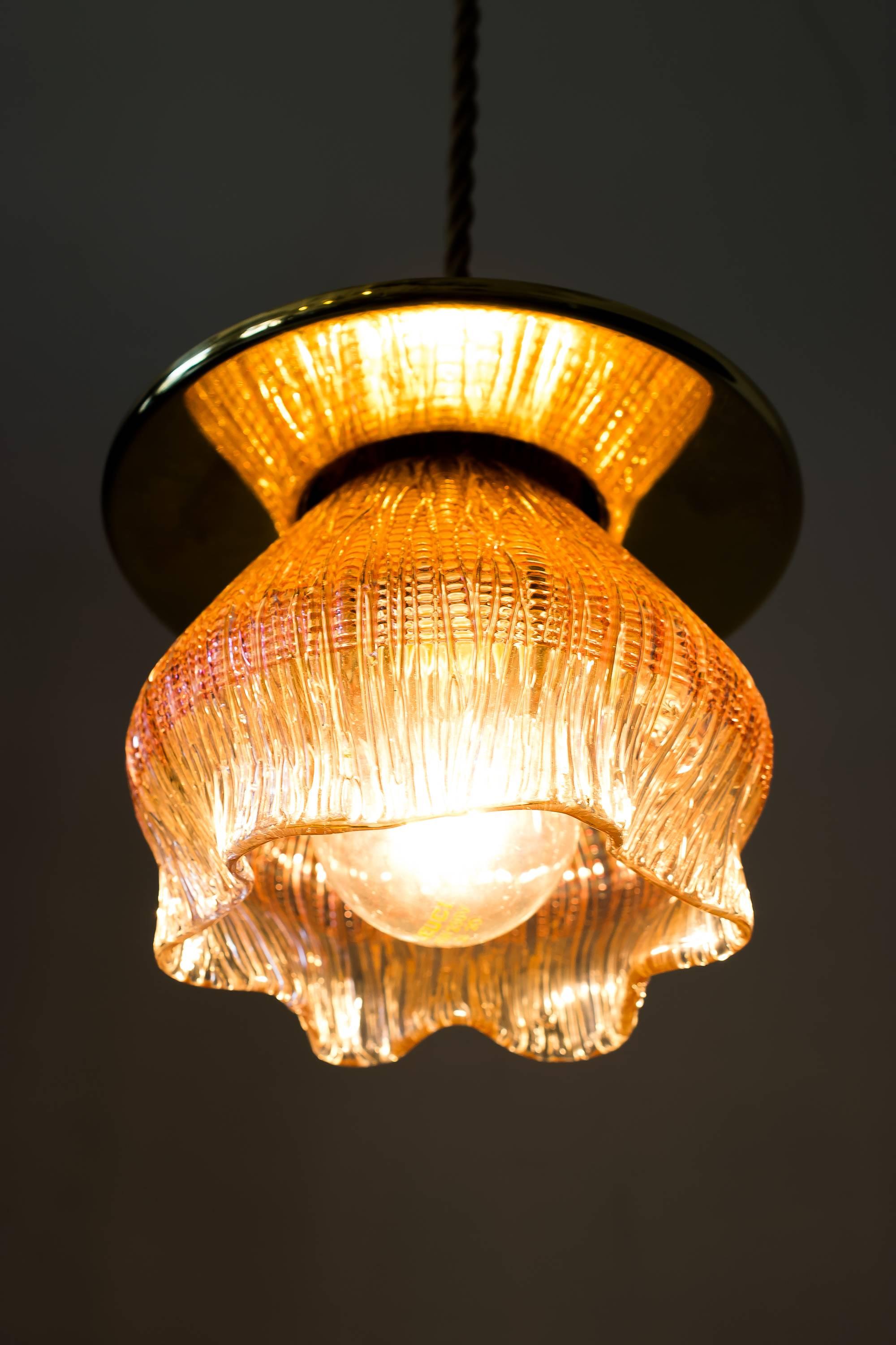 Polished Leopold Bauer Viennese Hanging Lamp with Loetz Witwe “Blitzglas” Shade For Sale