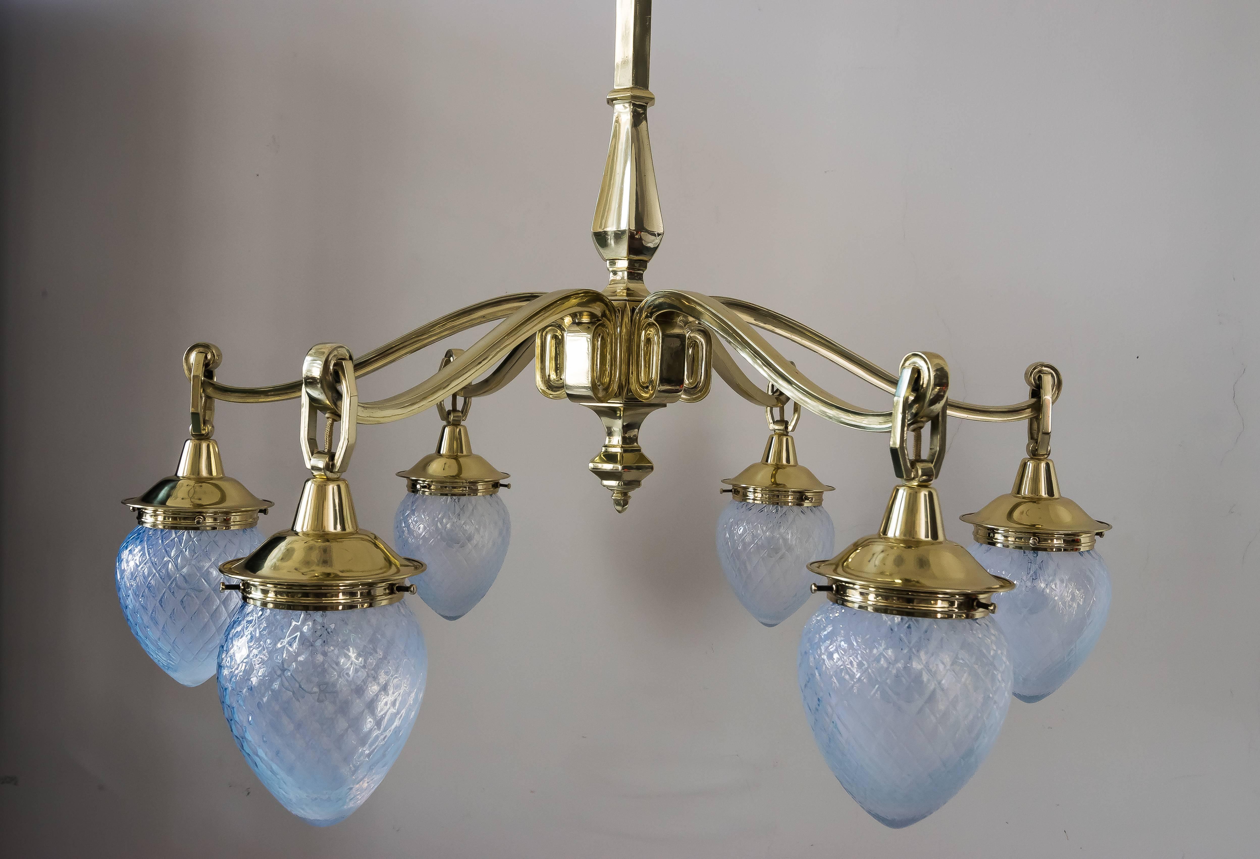 Austrian Huge Art Deco Chandelier with Opaline Glass Shades, circa 1920s For Sale