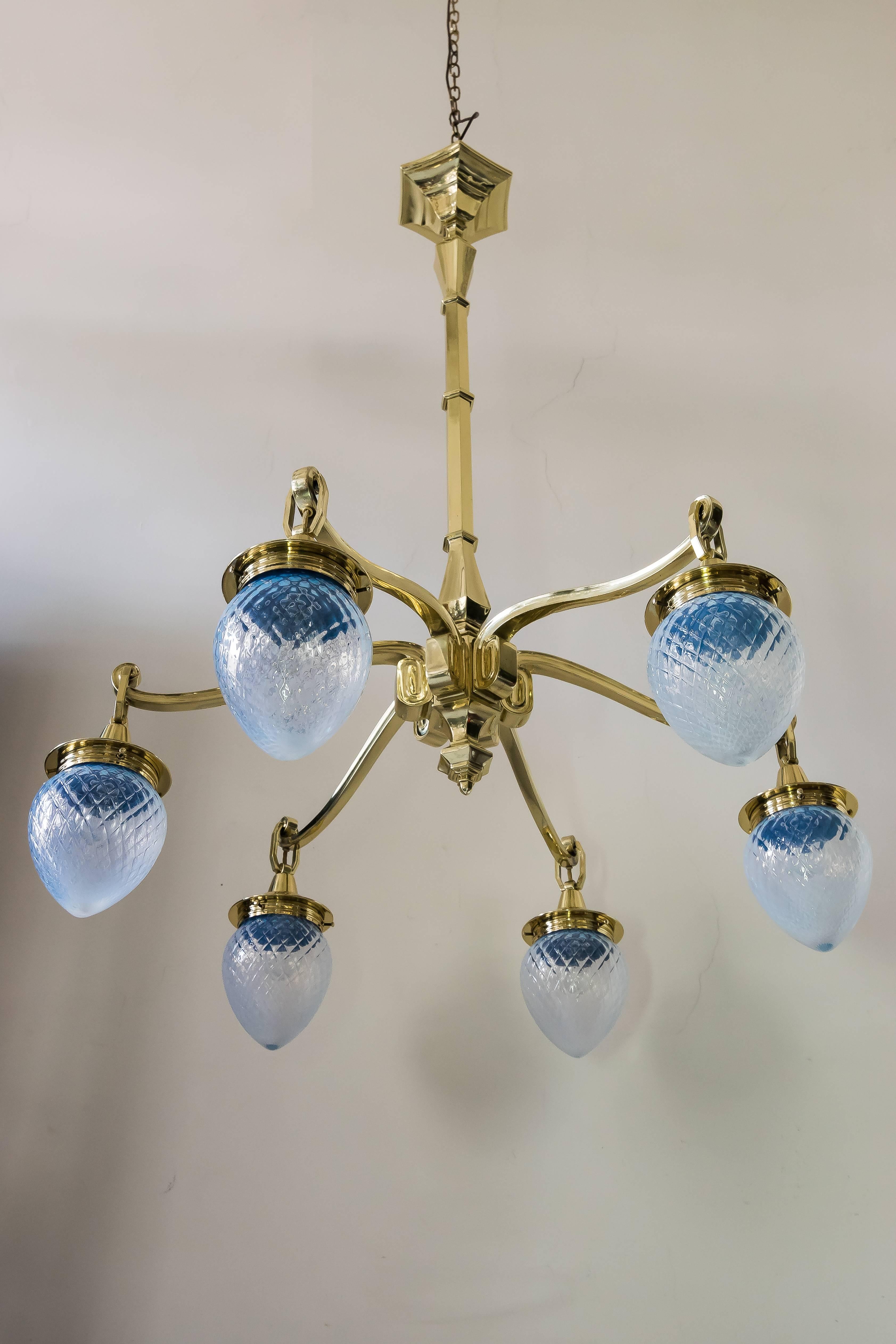Huge Art Deco chandelier with opaline glass shades circa 1920s
Polished and stove enamelled.