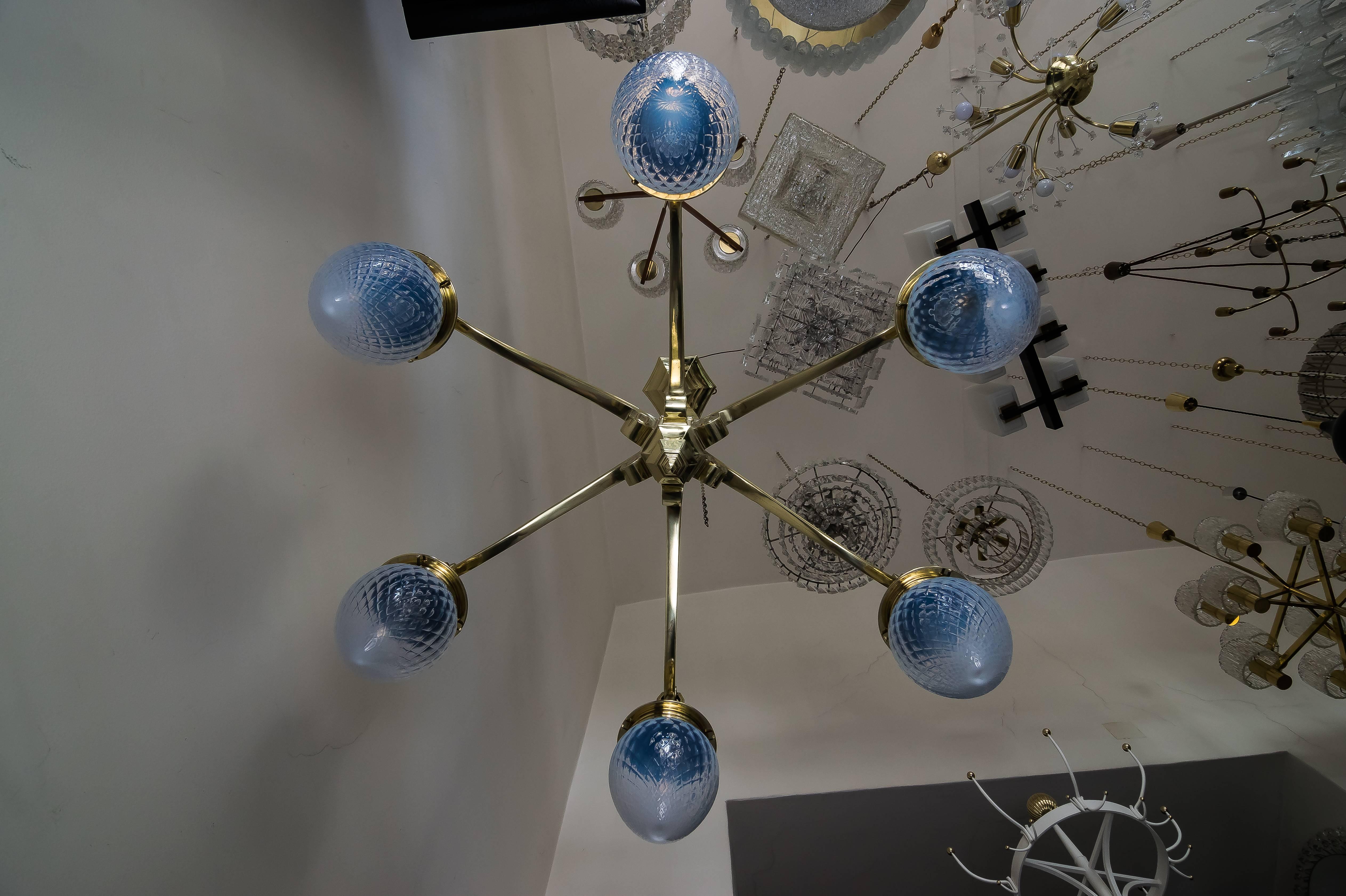 Brass Huge Art Deco Chandelier with Opaline Glass Shades, circa 1920s For Sale