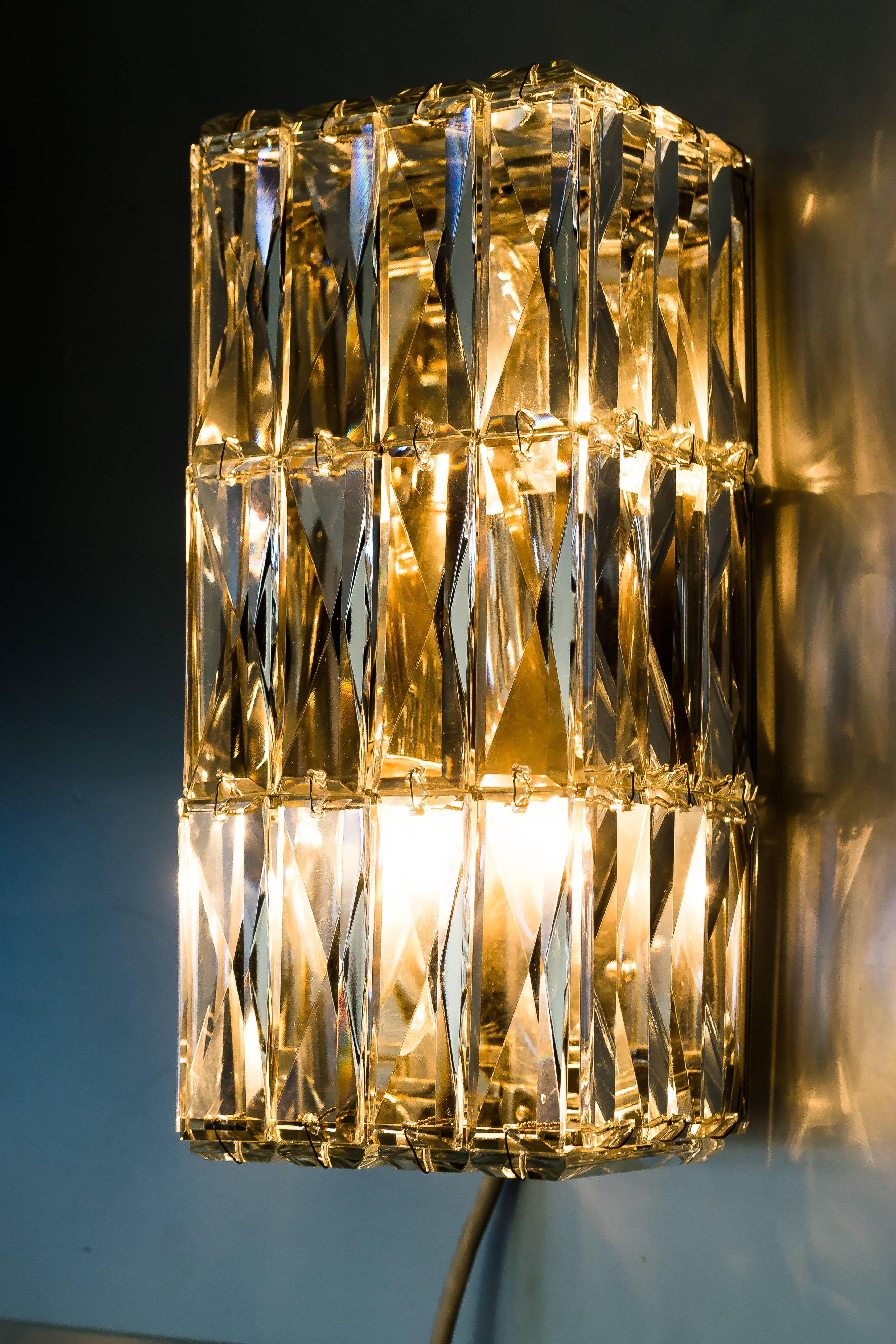 Brass Crystal Glass Wall Lamp Manufactured by Bakalowits, Vienna, 1950 For Sale