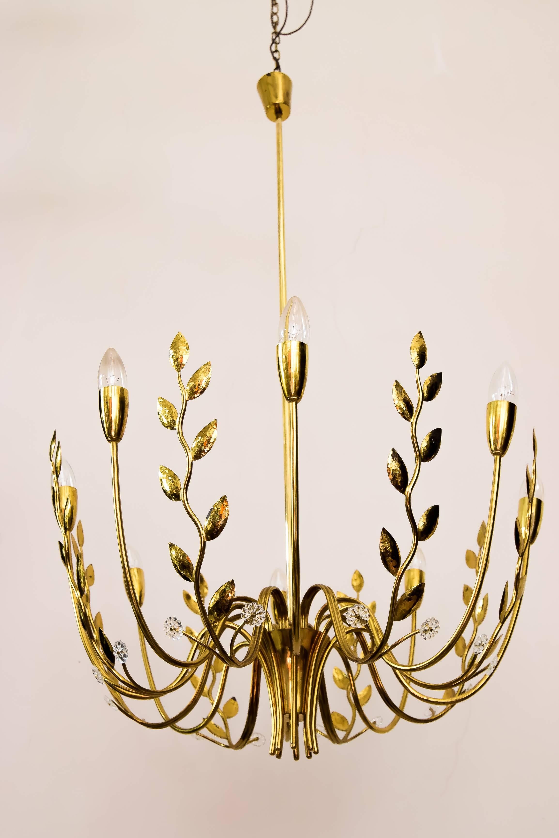 Very beautiful eight-arm hammered leaves chandelier attributed to Lobmeyr, 1950s
Original condition.
 