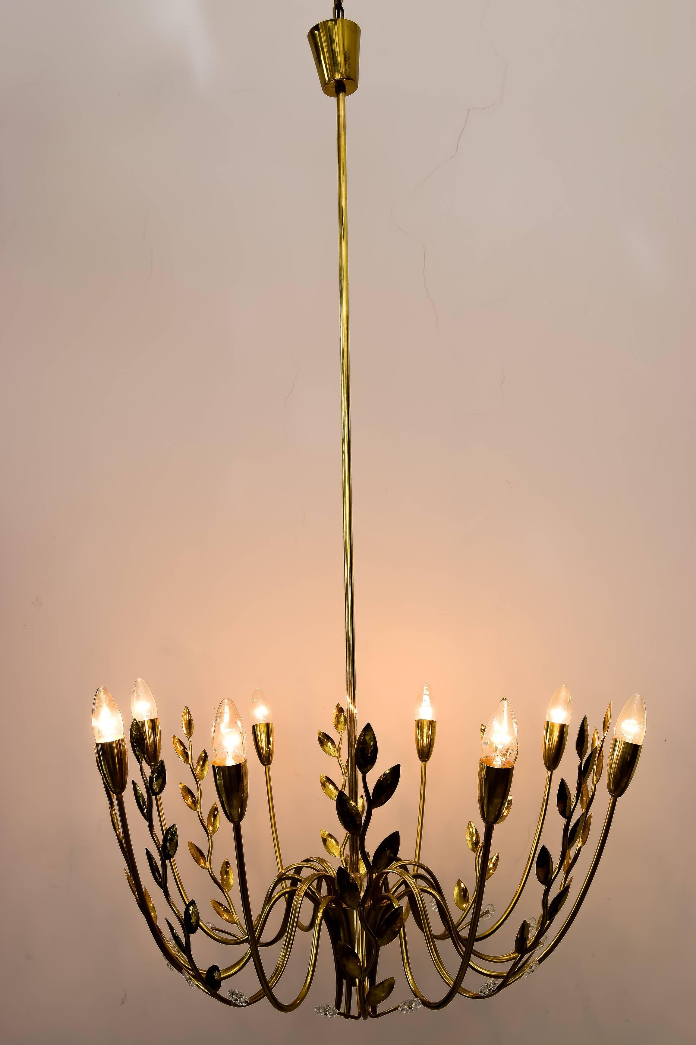 Austrian Very Beautiful Eight-Arm Hammered Leaves Chandelier Attributed Lobmeyr, 1950s For Sale