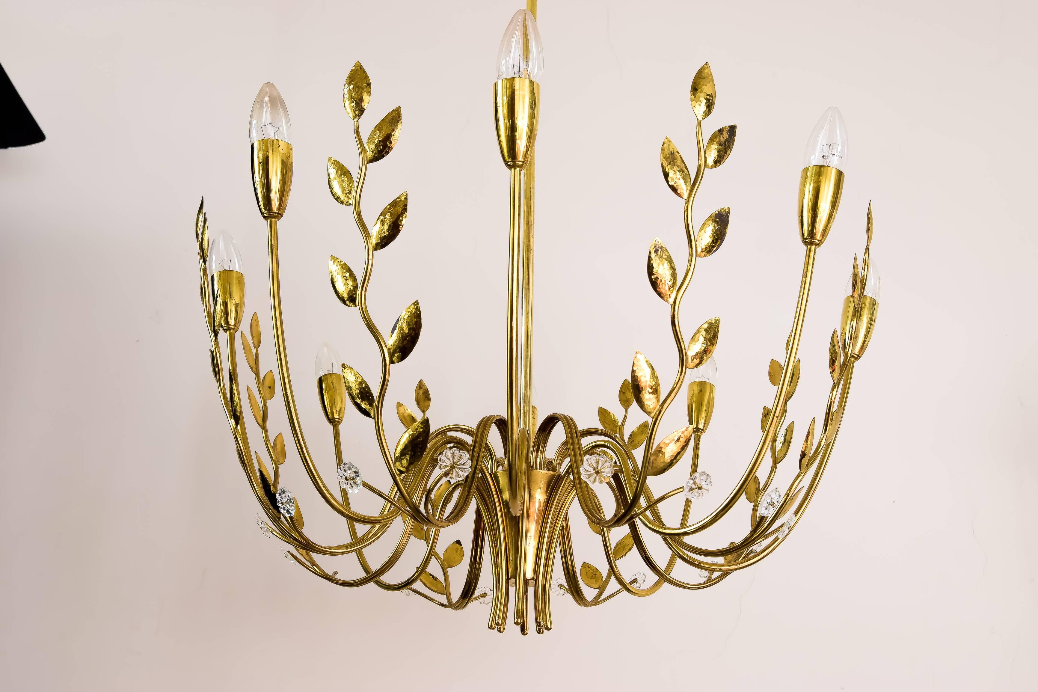 Mid-20th Century Very Beautiful Eight-Arm Hammered Leaves Chandelier Attributed Lobmeyr, 1950s For Sale