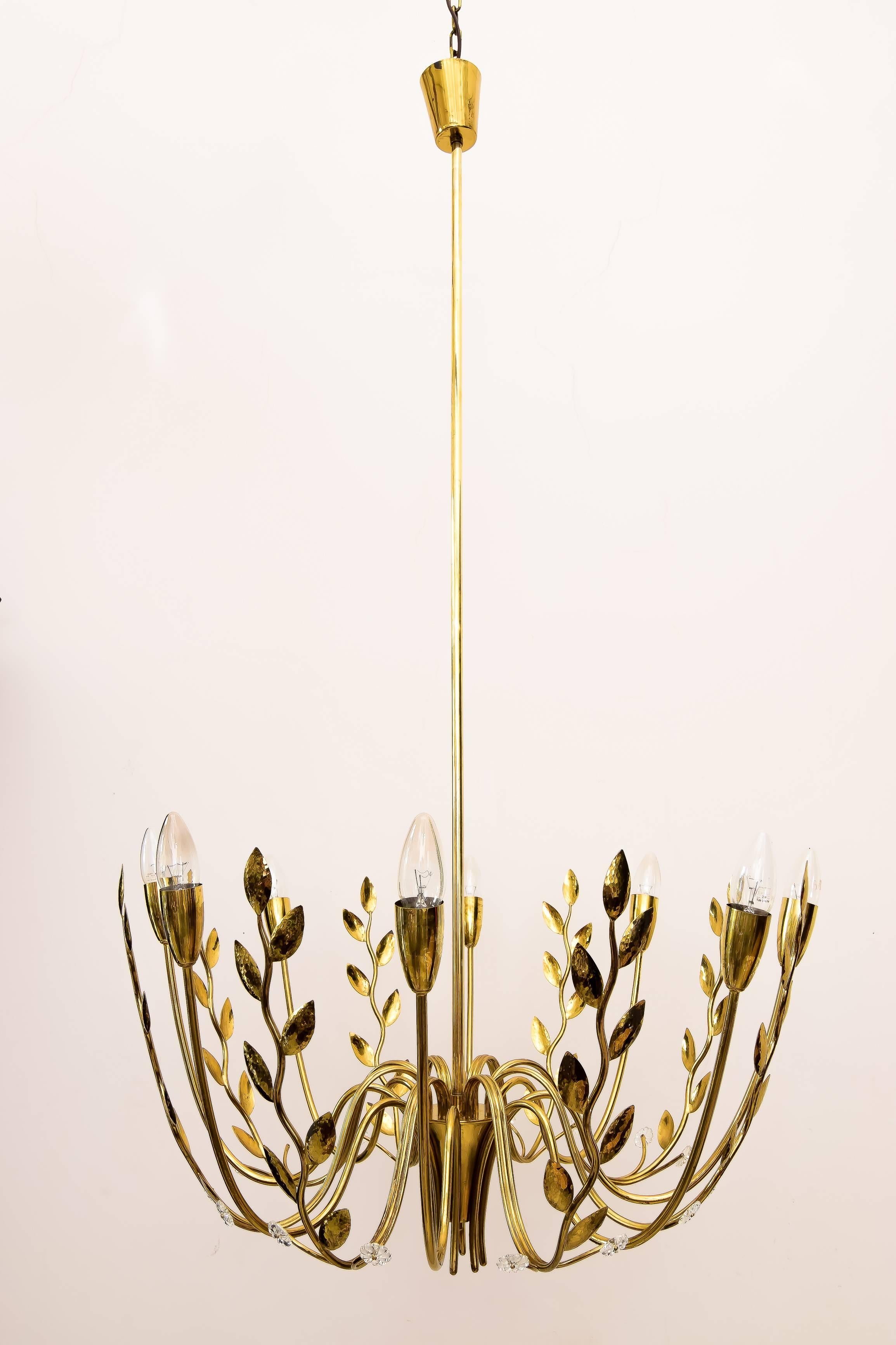 Brass Very Beautiful Eight-Arm Hammered Leaves Chandelier Attributed Lobmeyr, 1950s For Sale