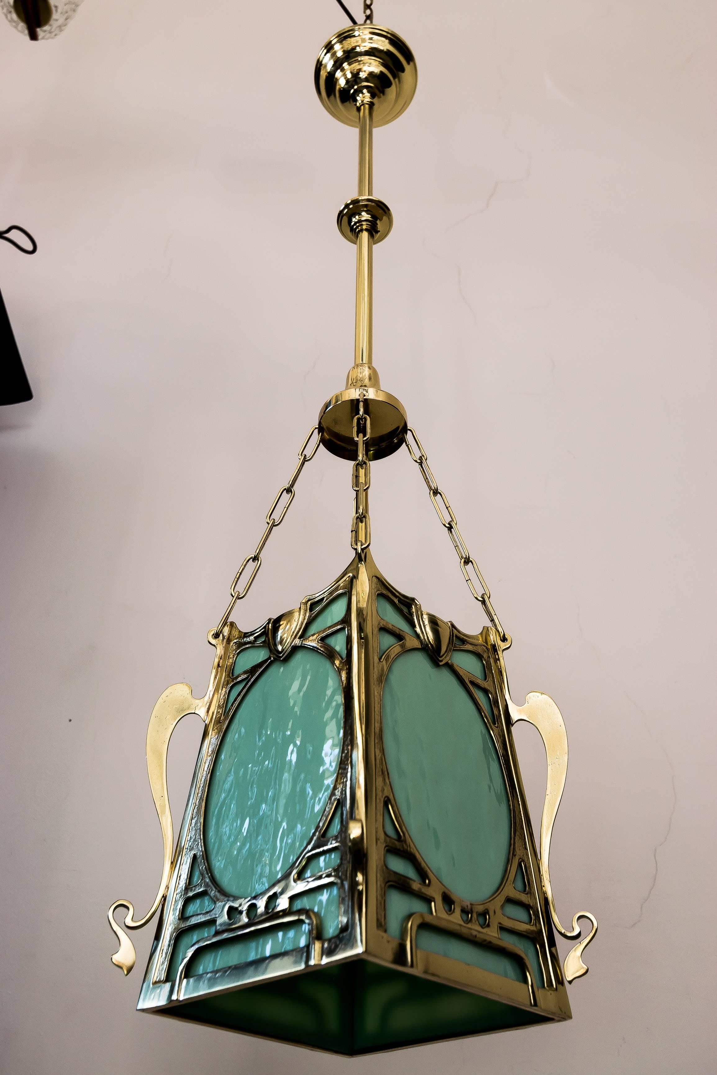 Art Nouveau pendant with green opaline glass, circa 1907
Polished and stove enamelled.
  