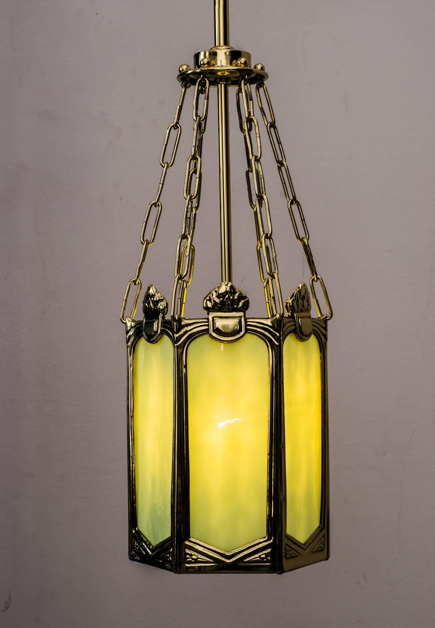 Brass Beautiful Art Nouveau Pendant with Original Opaline Glasses, circa 1909s