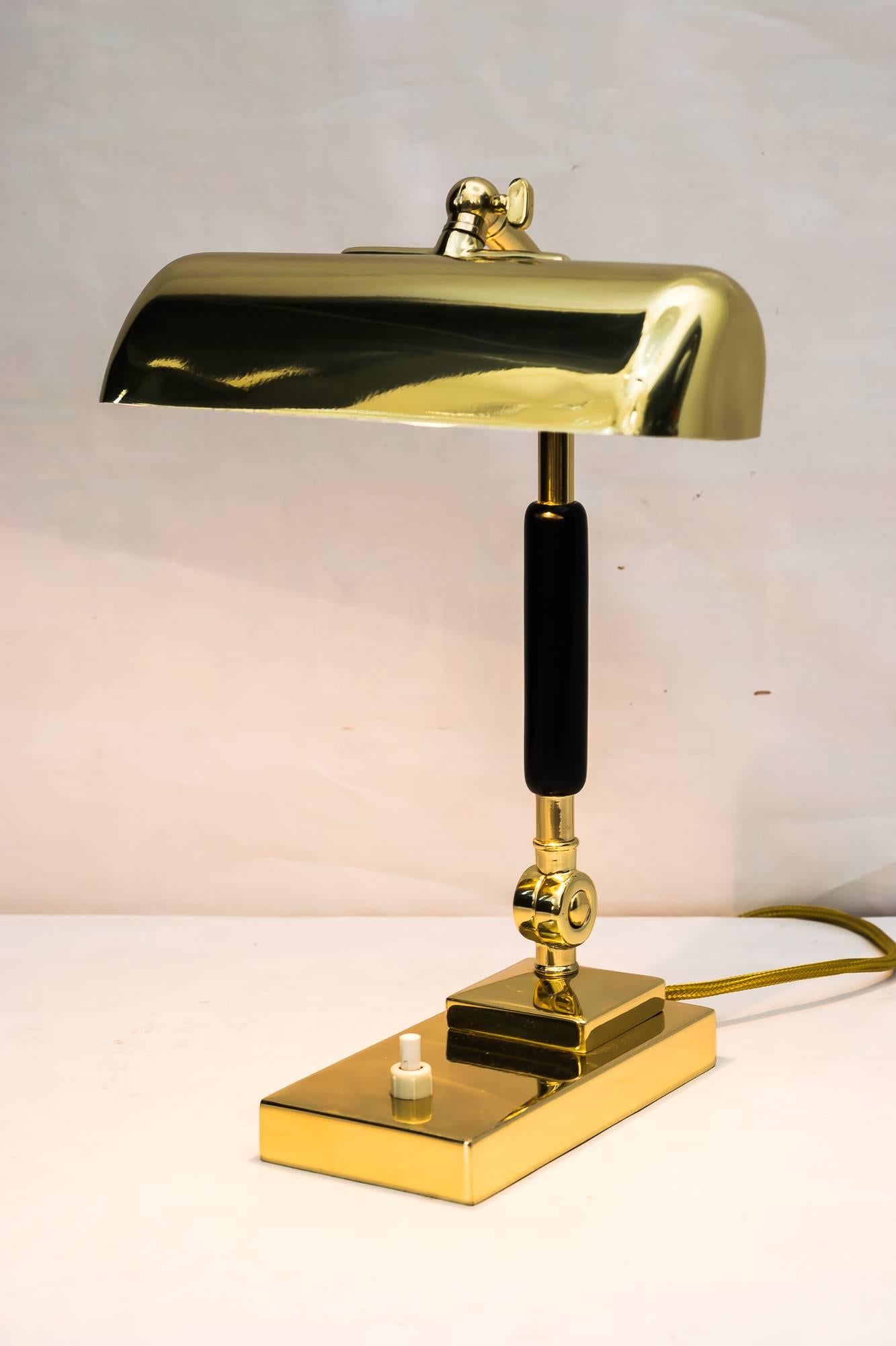 Brass Art Deco Table Lamp with Blackened Wood, circa 1920s