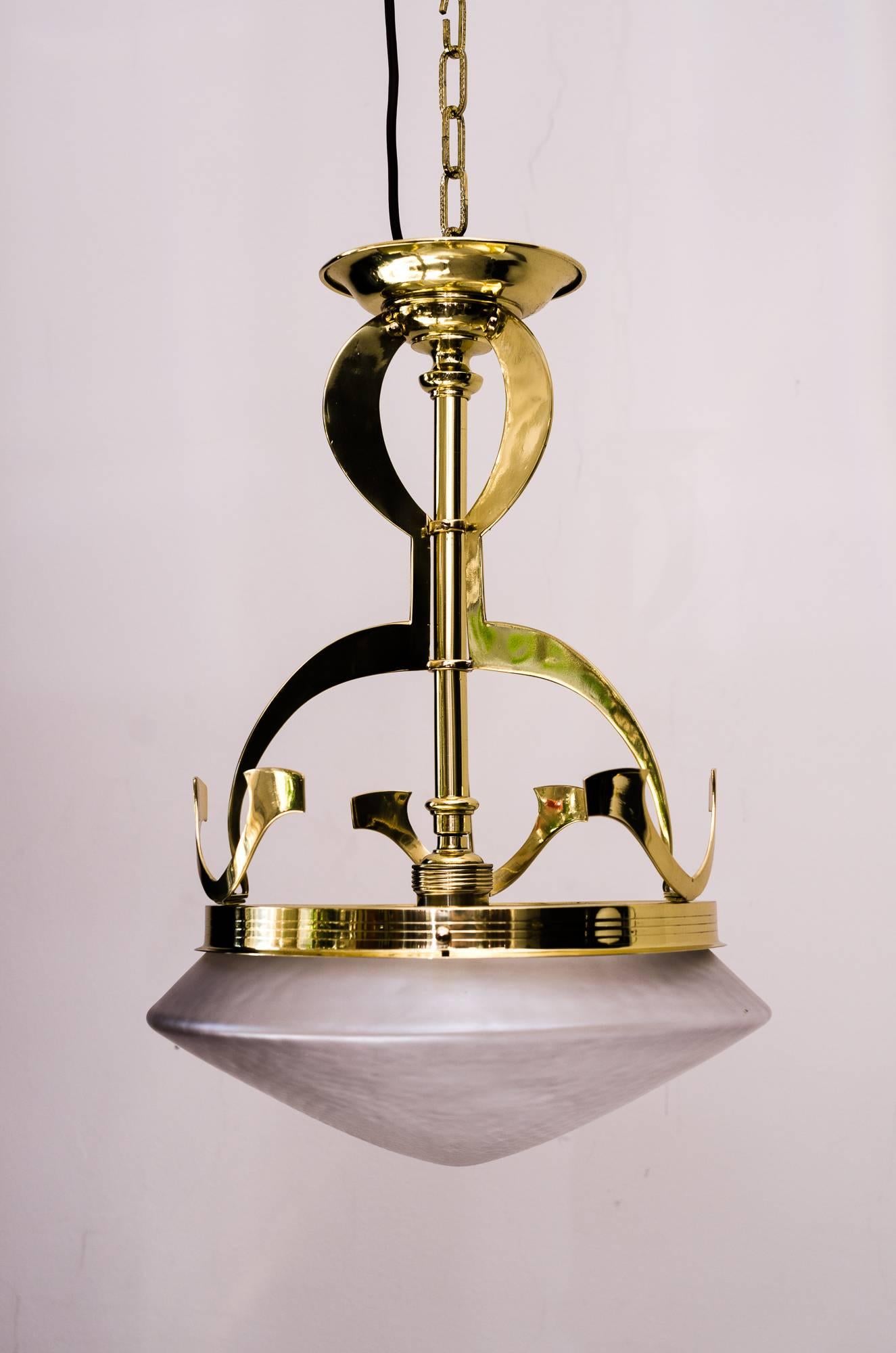 Jugendstil ceiling lamp, circa 1908 with original glass
Polished and stove enameled.