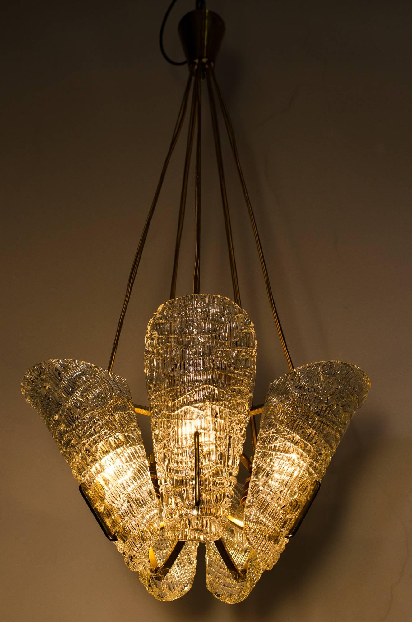 Brass Beautiful Klamar Chandelier with Textured Glass, circa 1950s For Sale