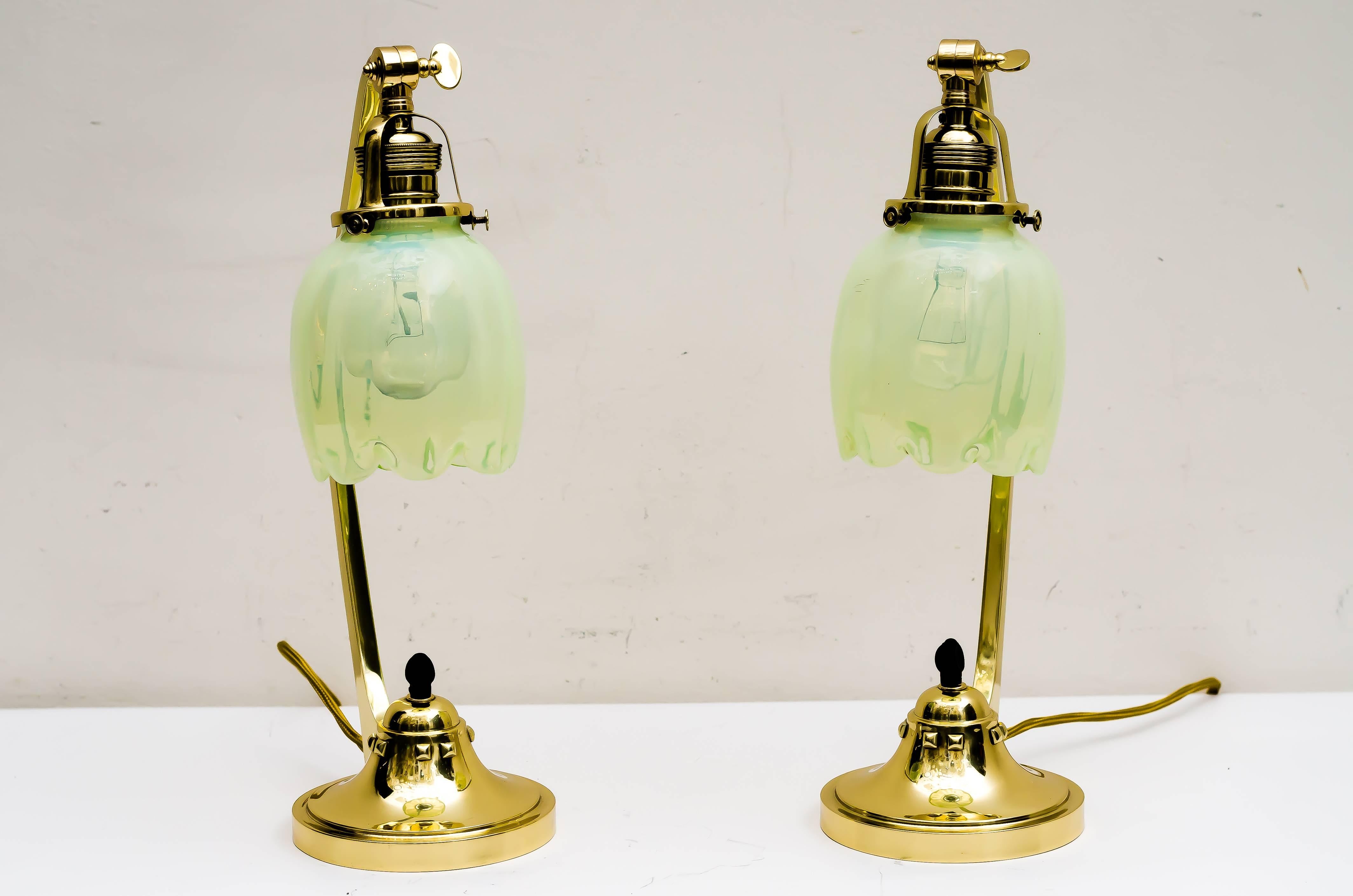 Austrian Two Jugendstil Table Lamps with Beautiful Opaline Glass Shades