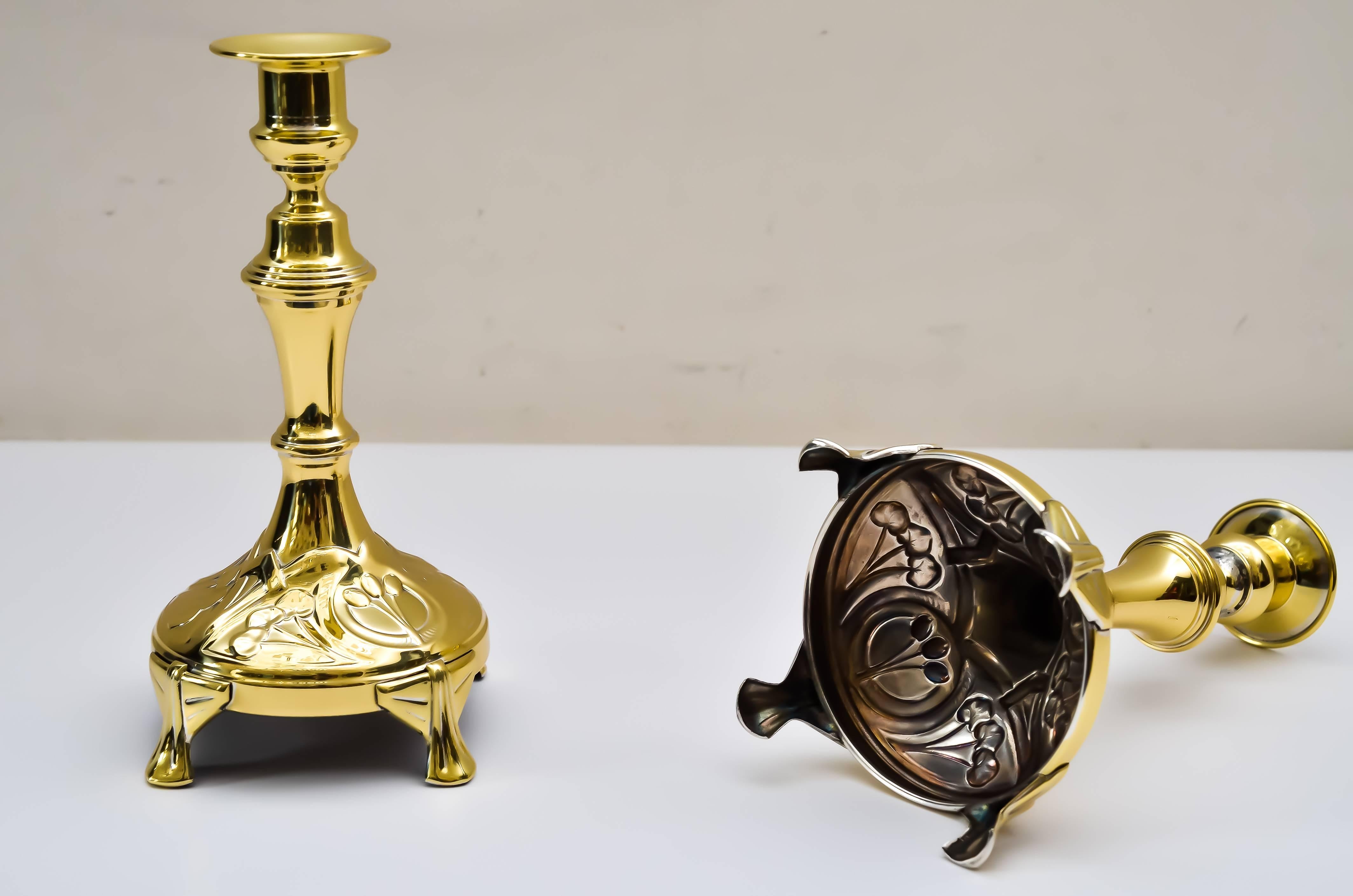Polished Two Candleholders, around 1907 For Sale