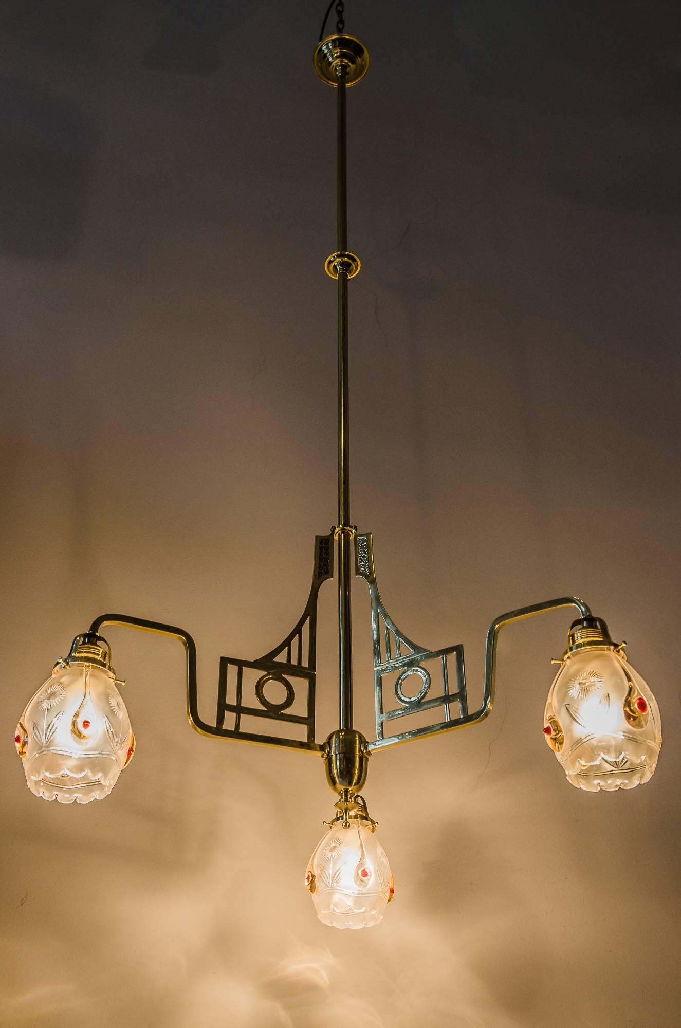 Brass Jugendstil Chandelier with Beautiful Glass Shades