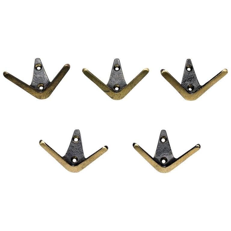 Mid-Century Modern Five Brass Wall Hooks