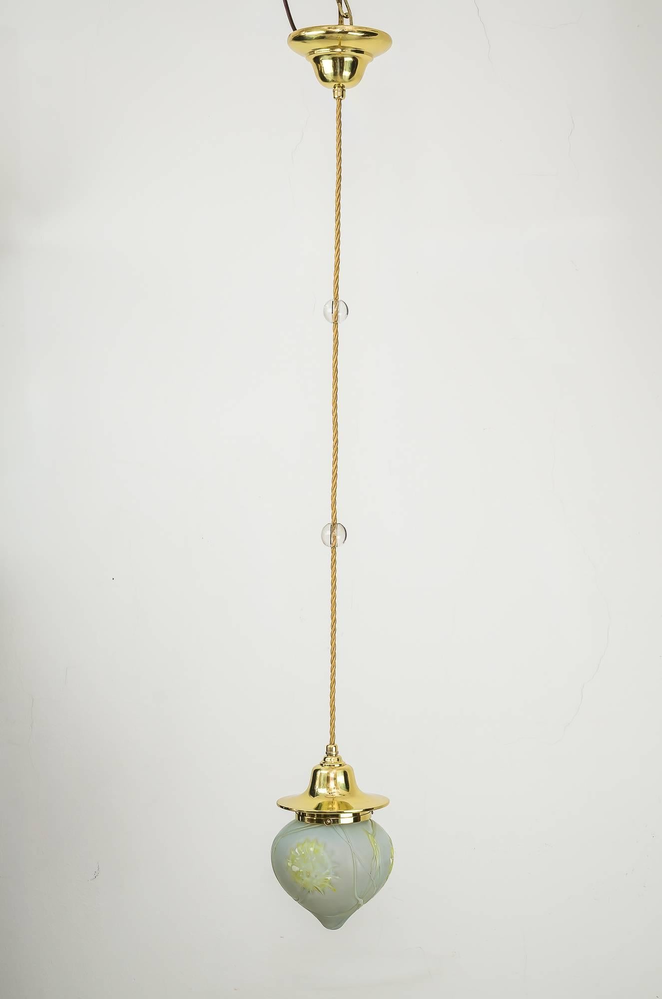 Austrian Two Jugendstil Pendants with Original Palme Koenig Glass Shades