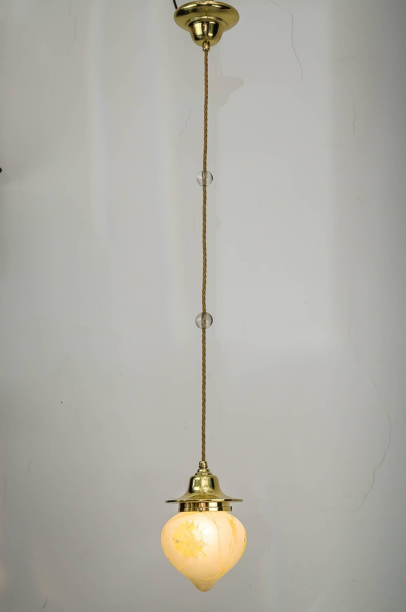 Lacquered Two Jugendstil Pendants with Original Palme Koenig Glass Shades