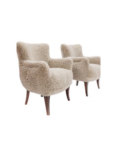 Pair of Swedish Armchairs in Sheepskin, C. 1930